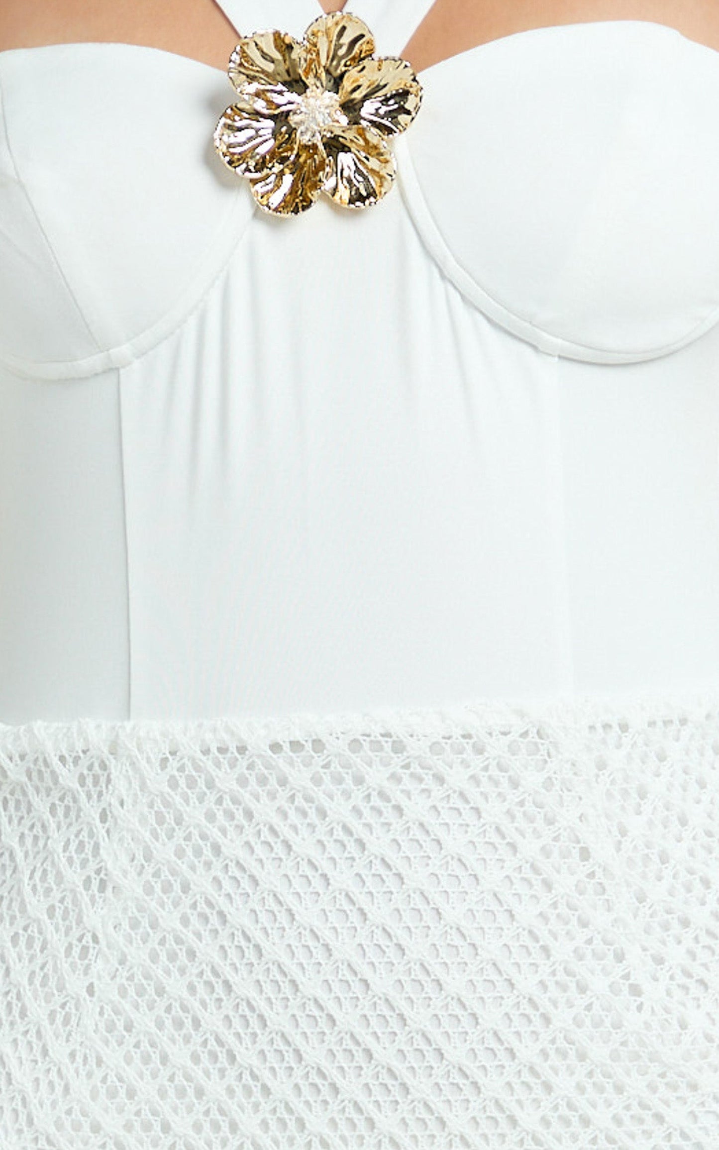 Adalia Maxi Dress - Strappy Hardware Rosette Trim Jersey Bodysuit Crochet Column Skirt Dress in Off White