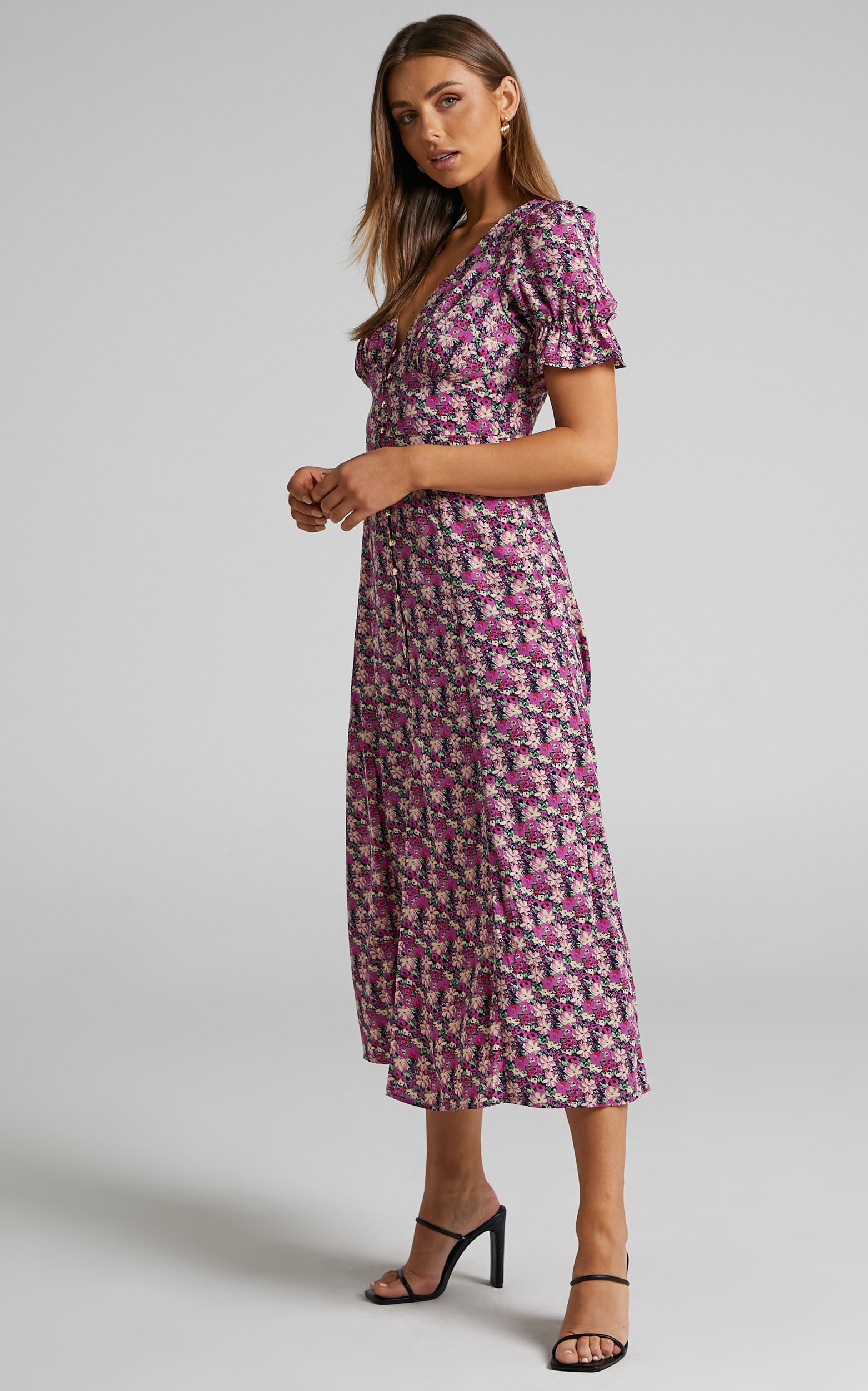Adalina Midi Dress - Short Puff Sleeve Button Down Dress in Floral