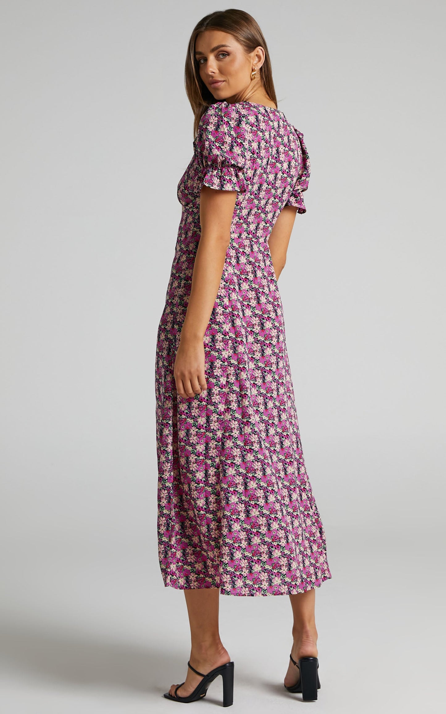 Adalina Midi Dress - Short Puff Sleeve Button Down Dress in Floral