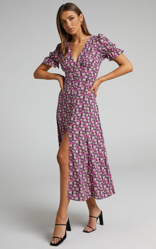 Adalina Midi Dress - Short Puff Sleeve Button Down Dress in Floral