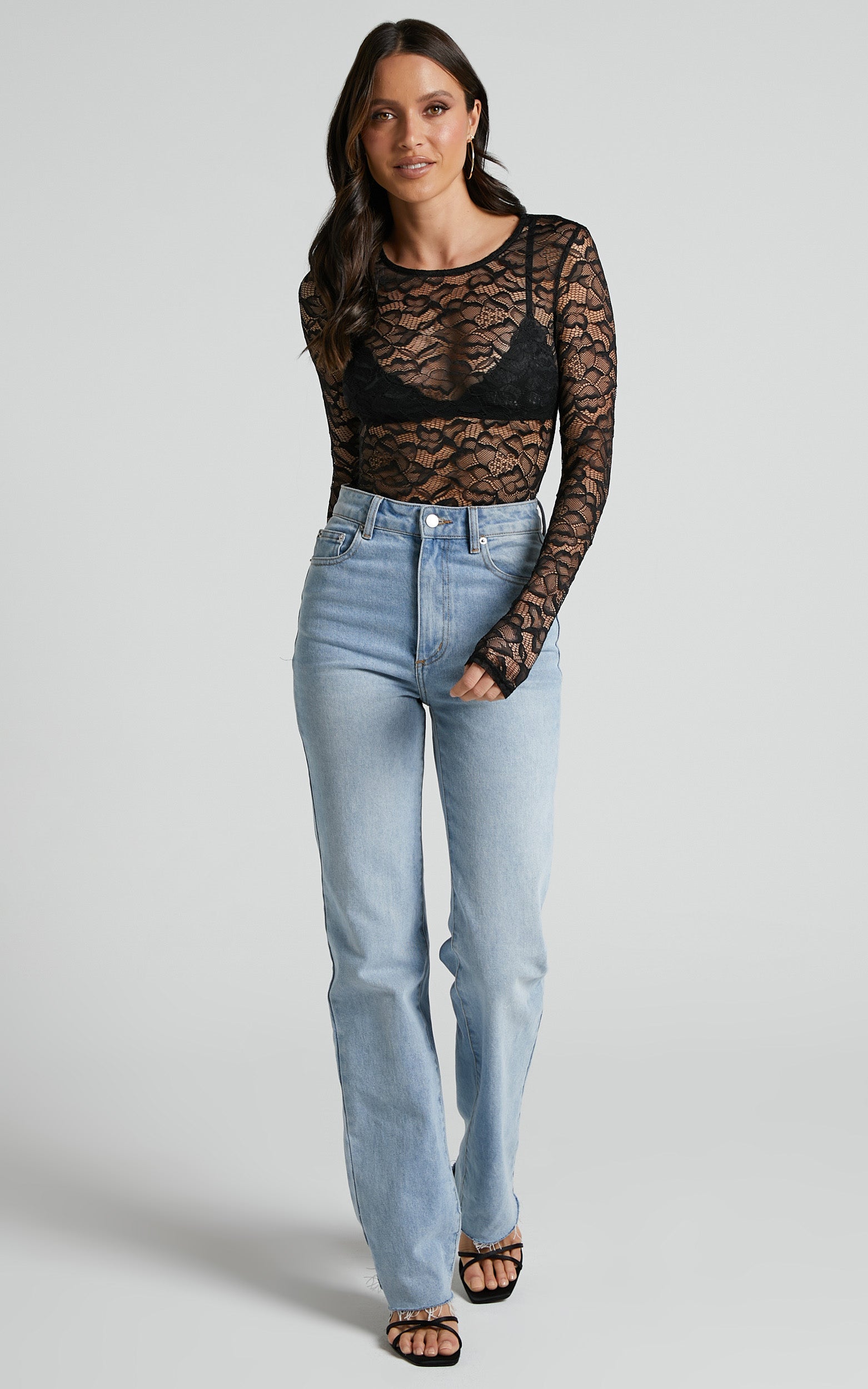 Adaly Bodysuit - Long Sleeve Scoop Neck Lace Bodysuit in Black