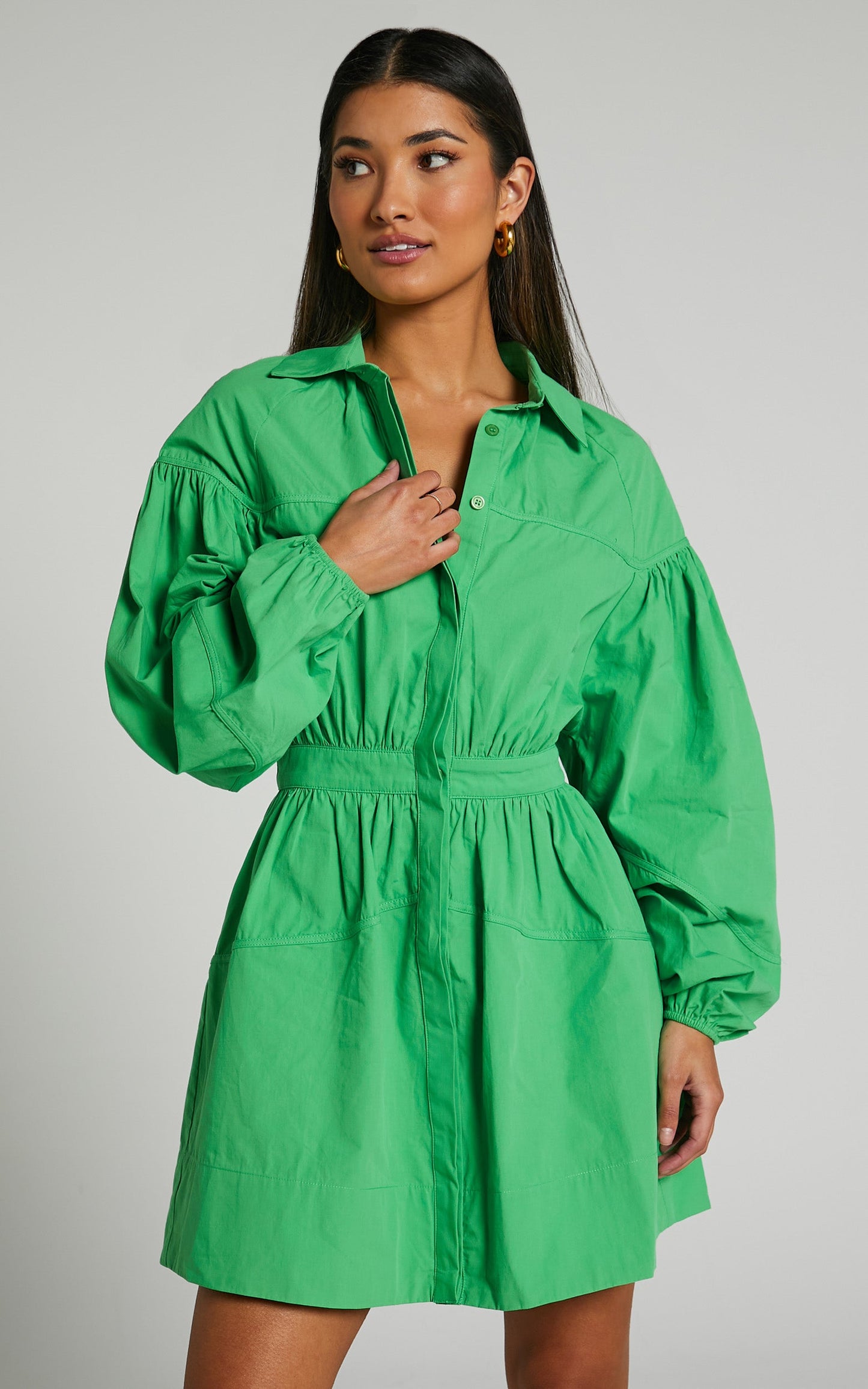 Adanny Mini Dress - Long Puff Sleeve Shirt Dress in Green
