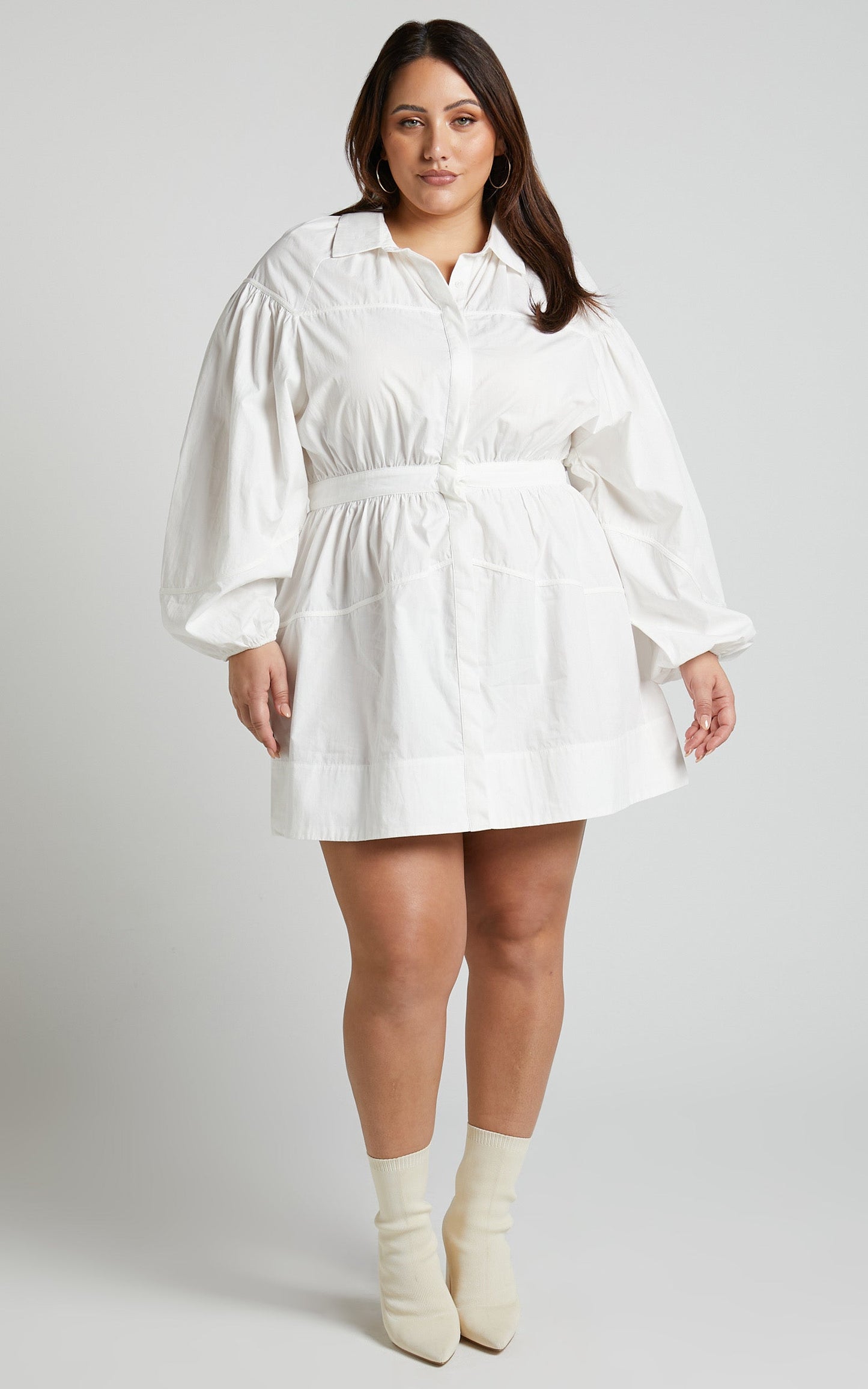 Adanny Mini Dress - Long Puff Sleeve Shirt Dress in White