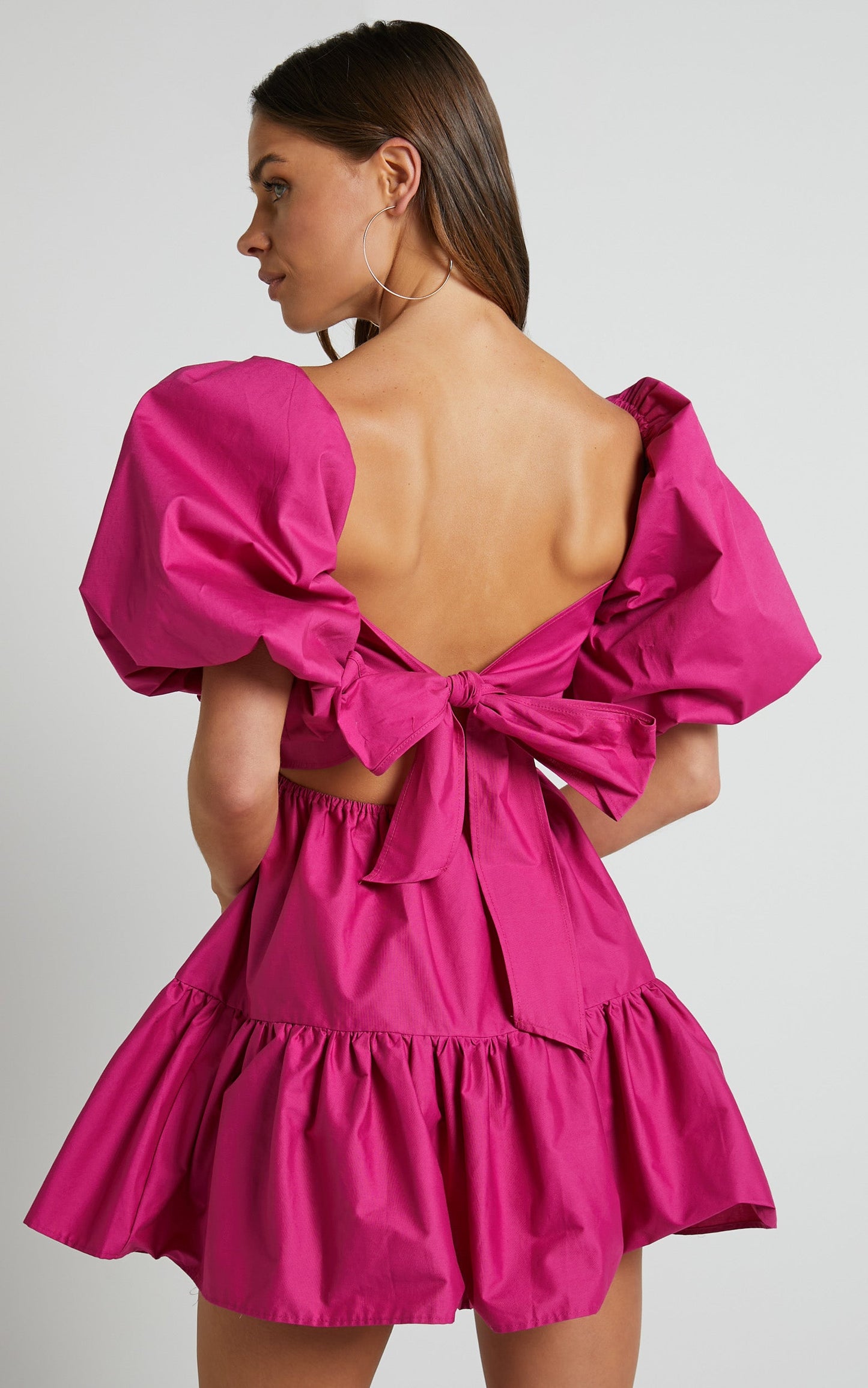 Adanny Mini Dress - Shirred Puff Sleeve Dress in Berry