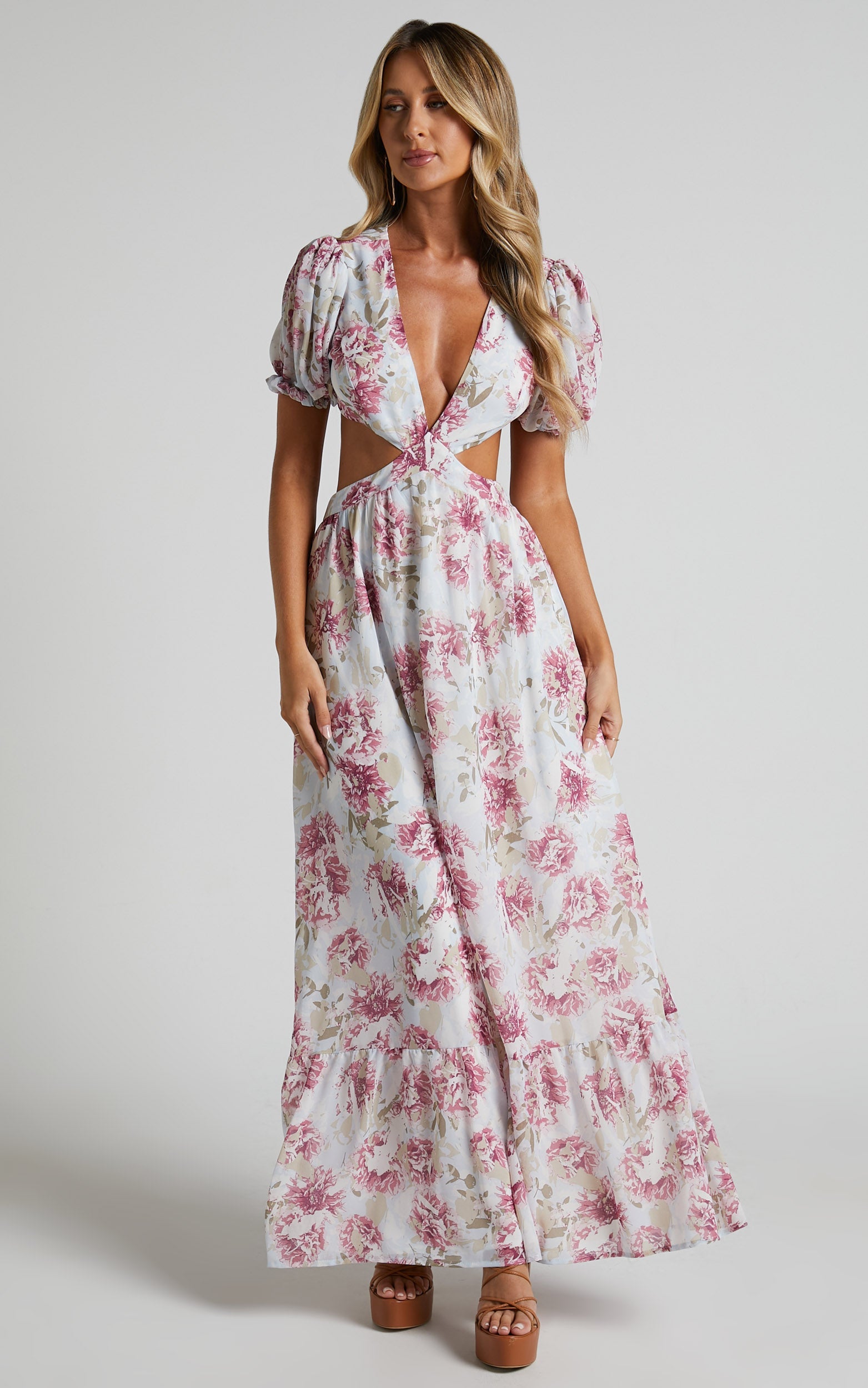 Addy Midi Dress - Side Cut Out Balloon Sleeve Dress in White Floral