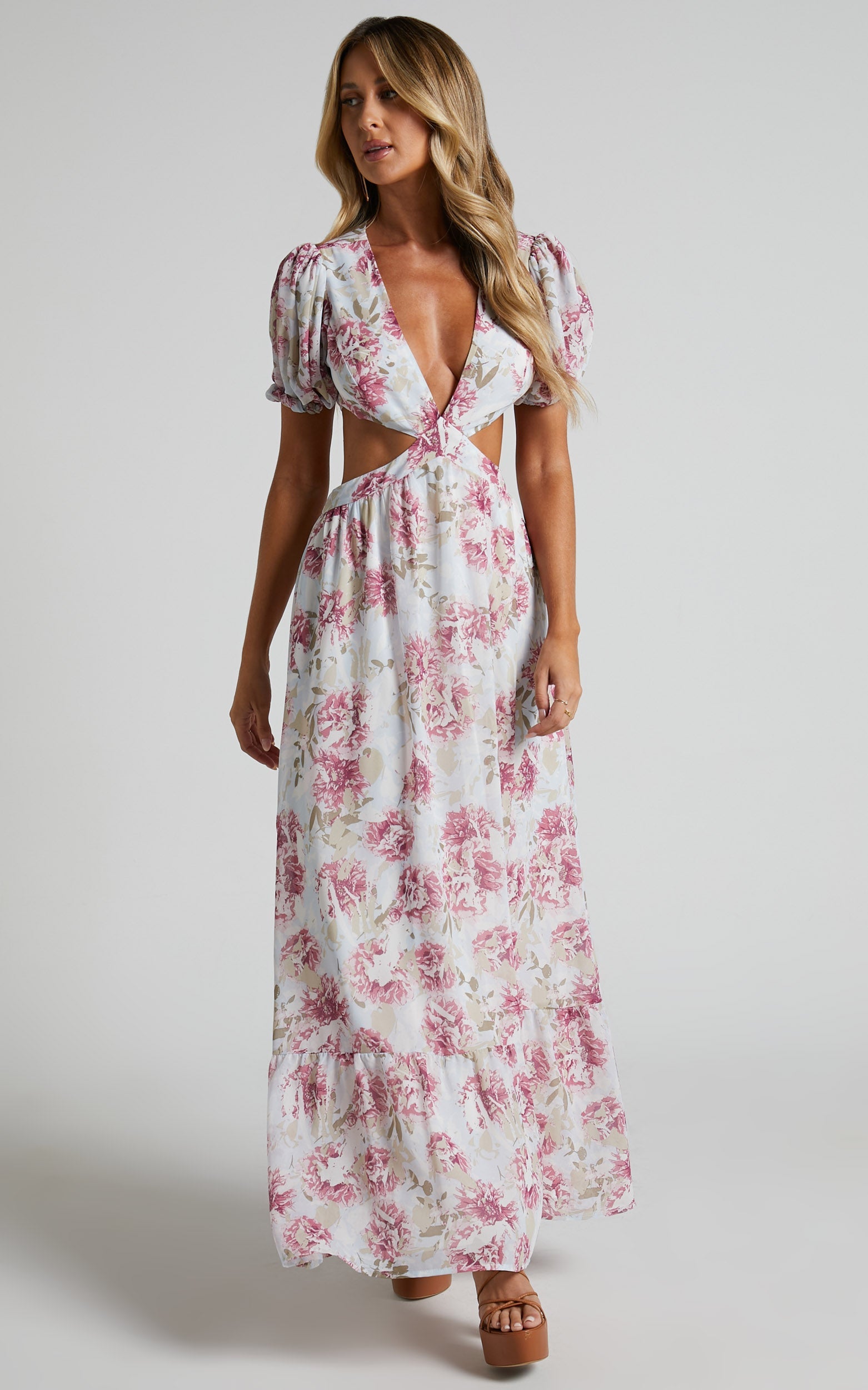 Addy Midi Dress - Side Cut Out Balloon Sleeve Dress in White Floral