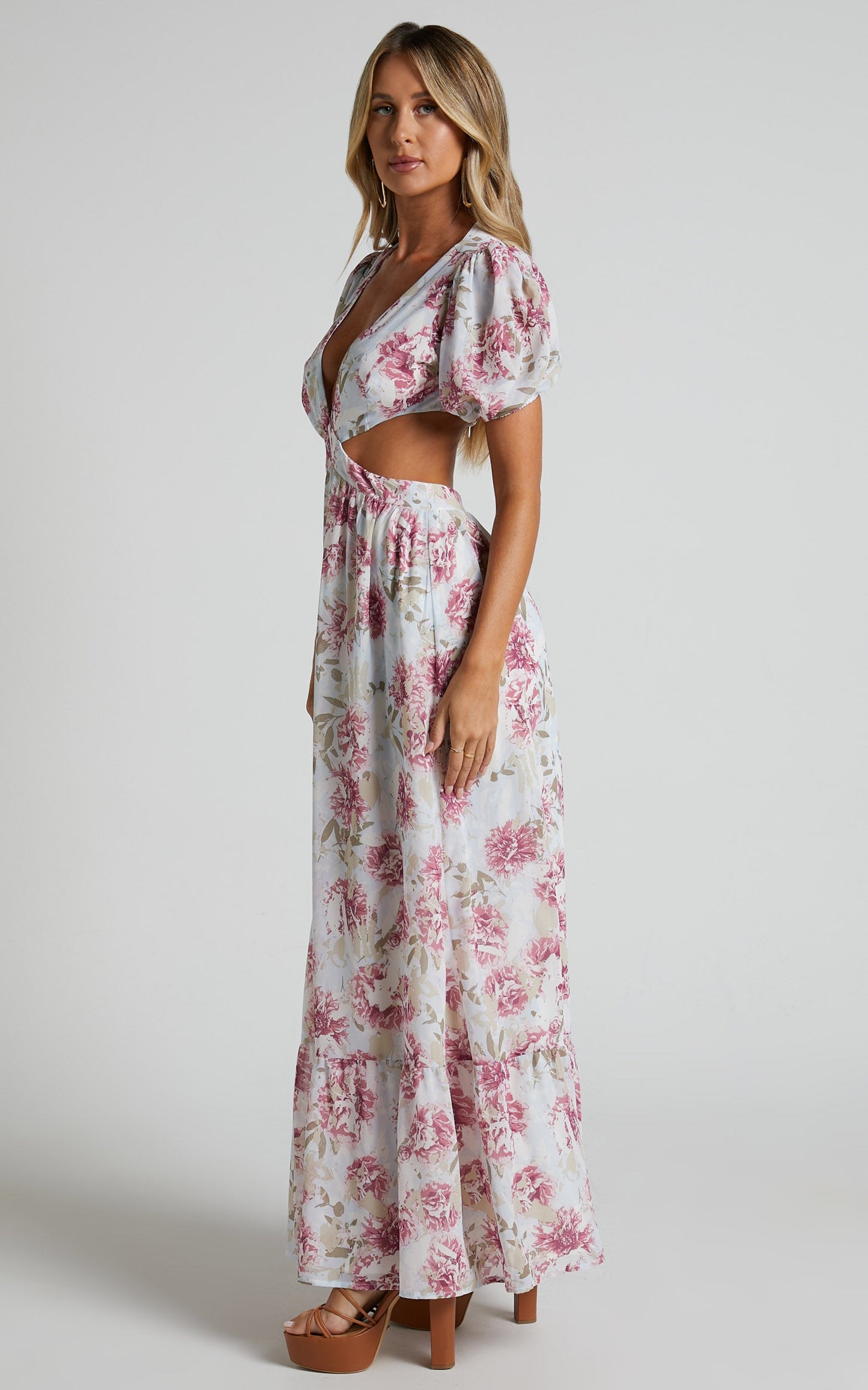 Addy Midi Dress - Side Cut Out Balloon Sleeve Dress in White Floral