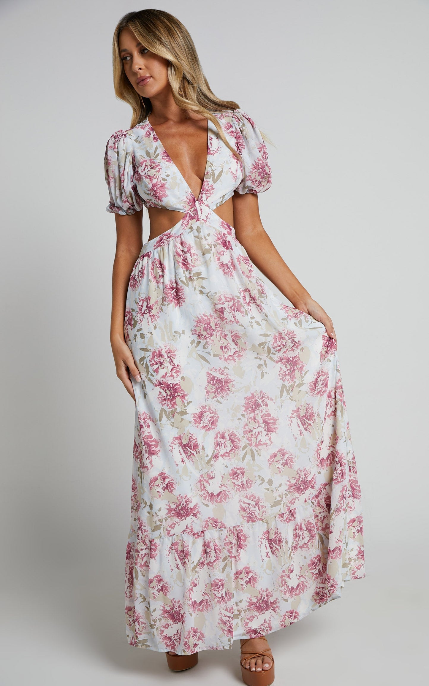 Addy Midi Dress - Side Cut Out Balloon Sleeve Dress in White Floral