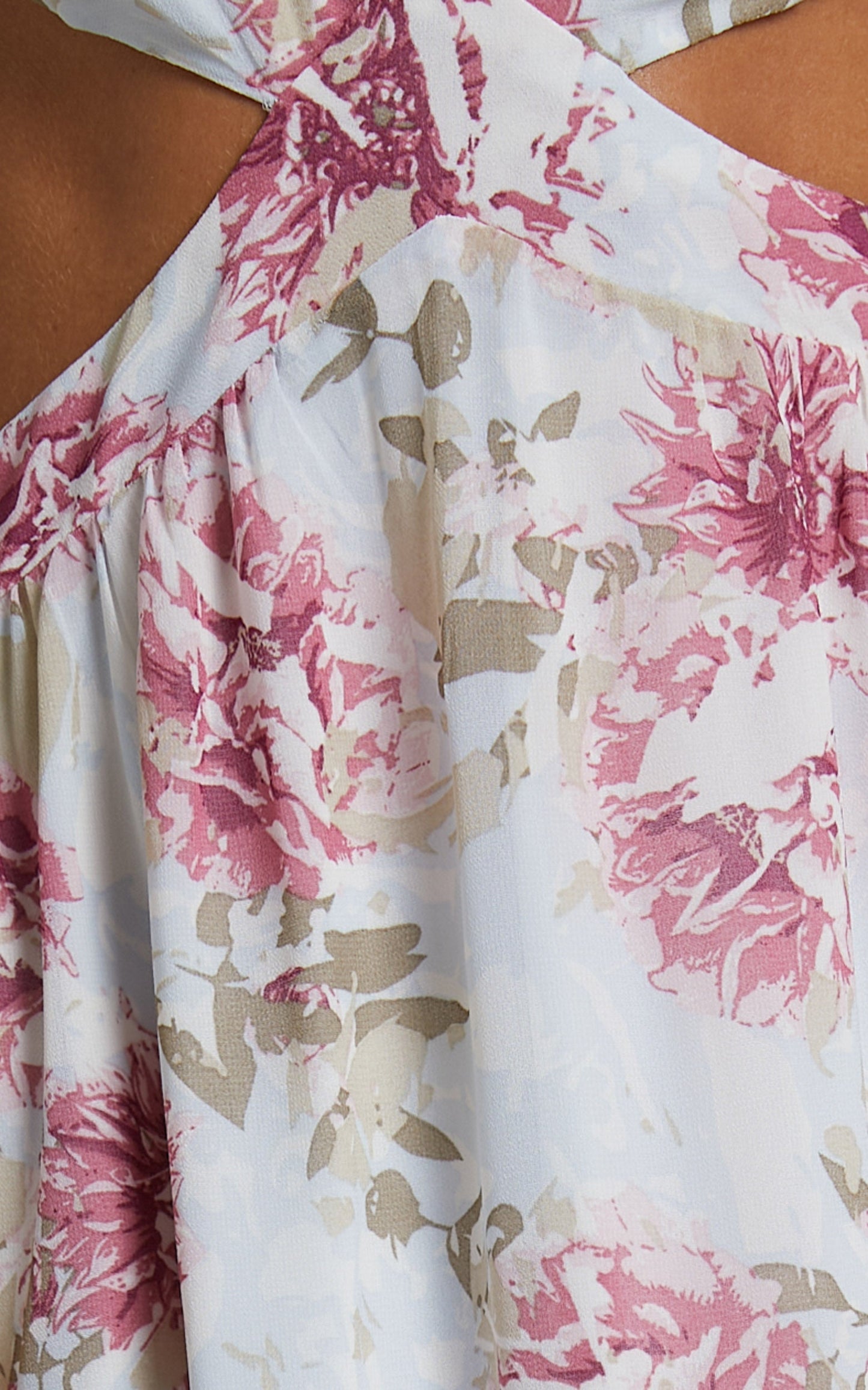 Addy Midi Dress - Side Cut Out Balloon Sleeve Dress in White Floral