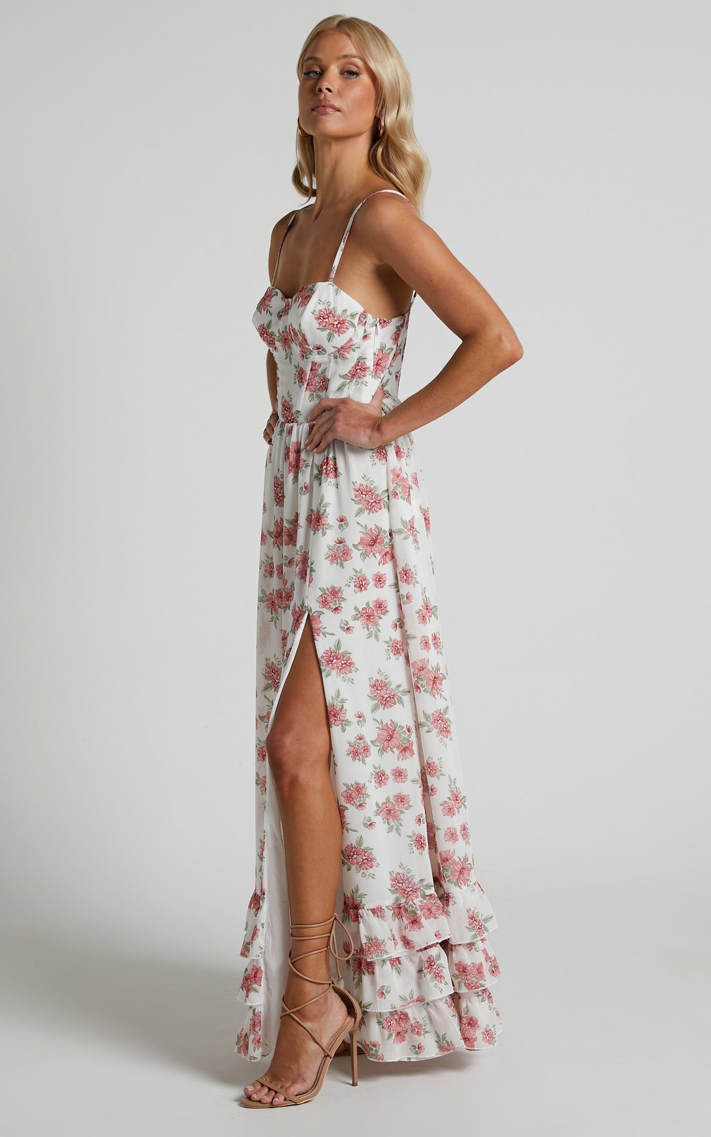 Adel Midi Dress - Bustier Ruffle Hem Dress in Pink floral