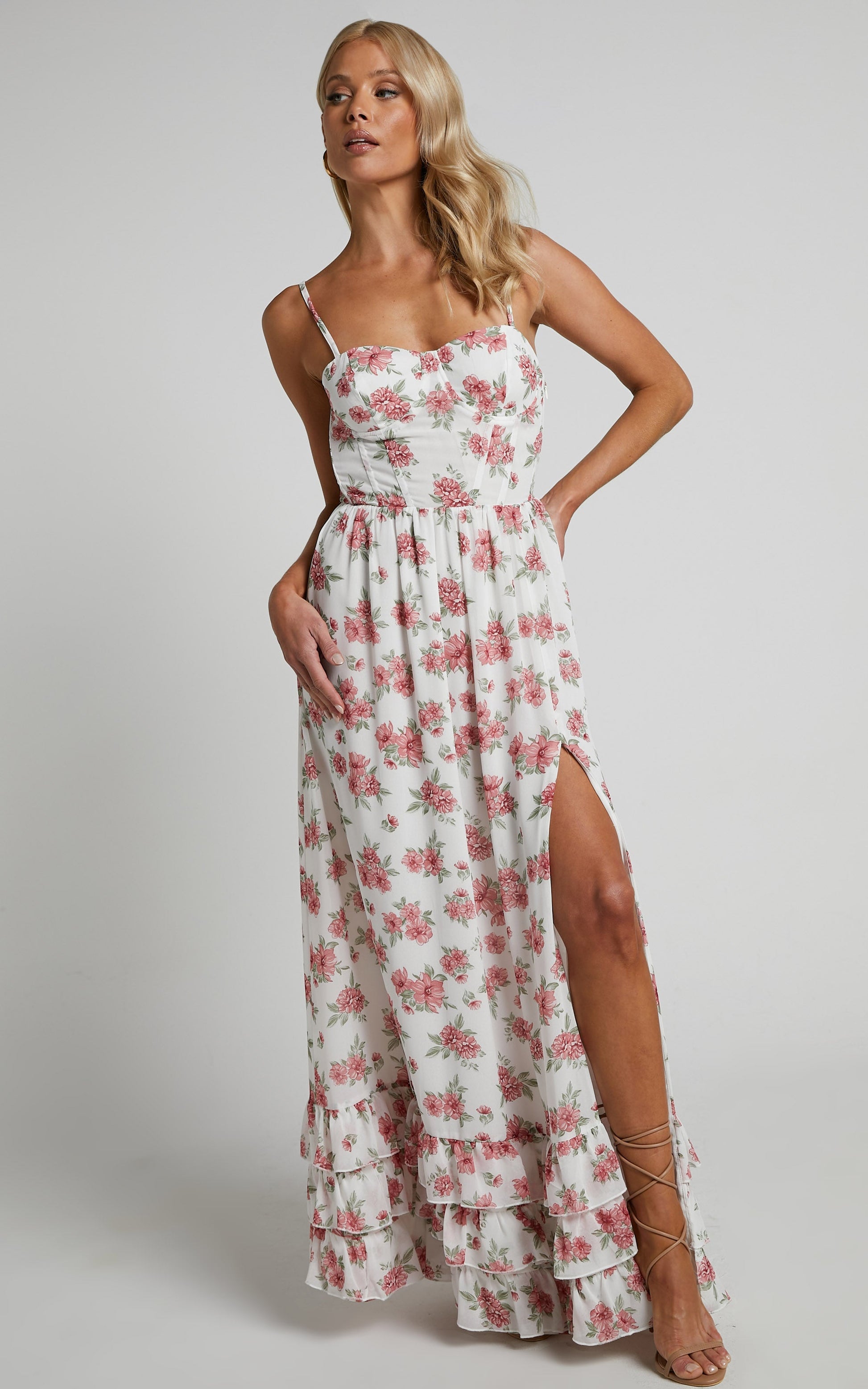 Adel Midi Dress - Bustier Ruffle Hem Dress in Pink floral