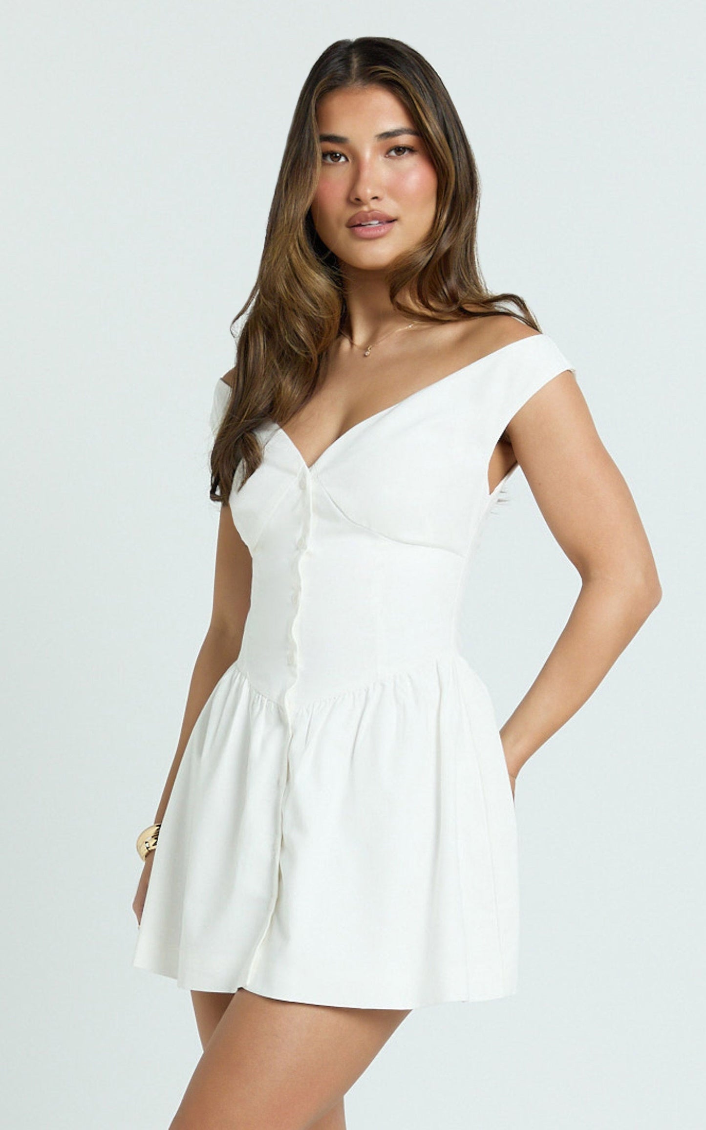 Adelaide Mini Dress - Off Shoulder Button Front Fit And Flare Dress in White