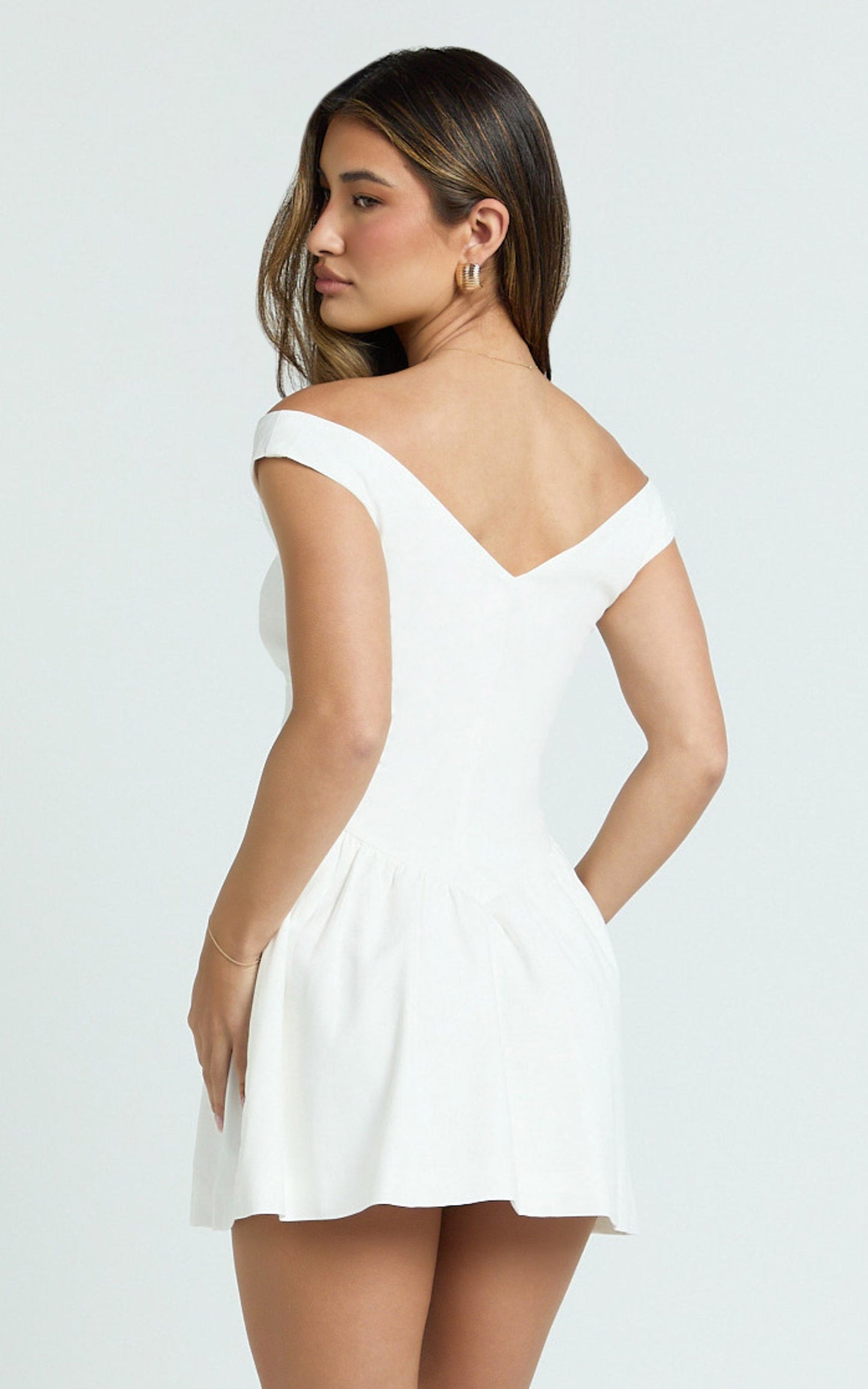Adelaide Mini Dress - Off Shoulder Button Front Fit And Flare Dress in White