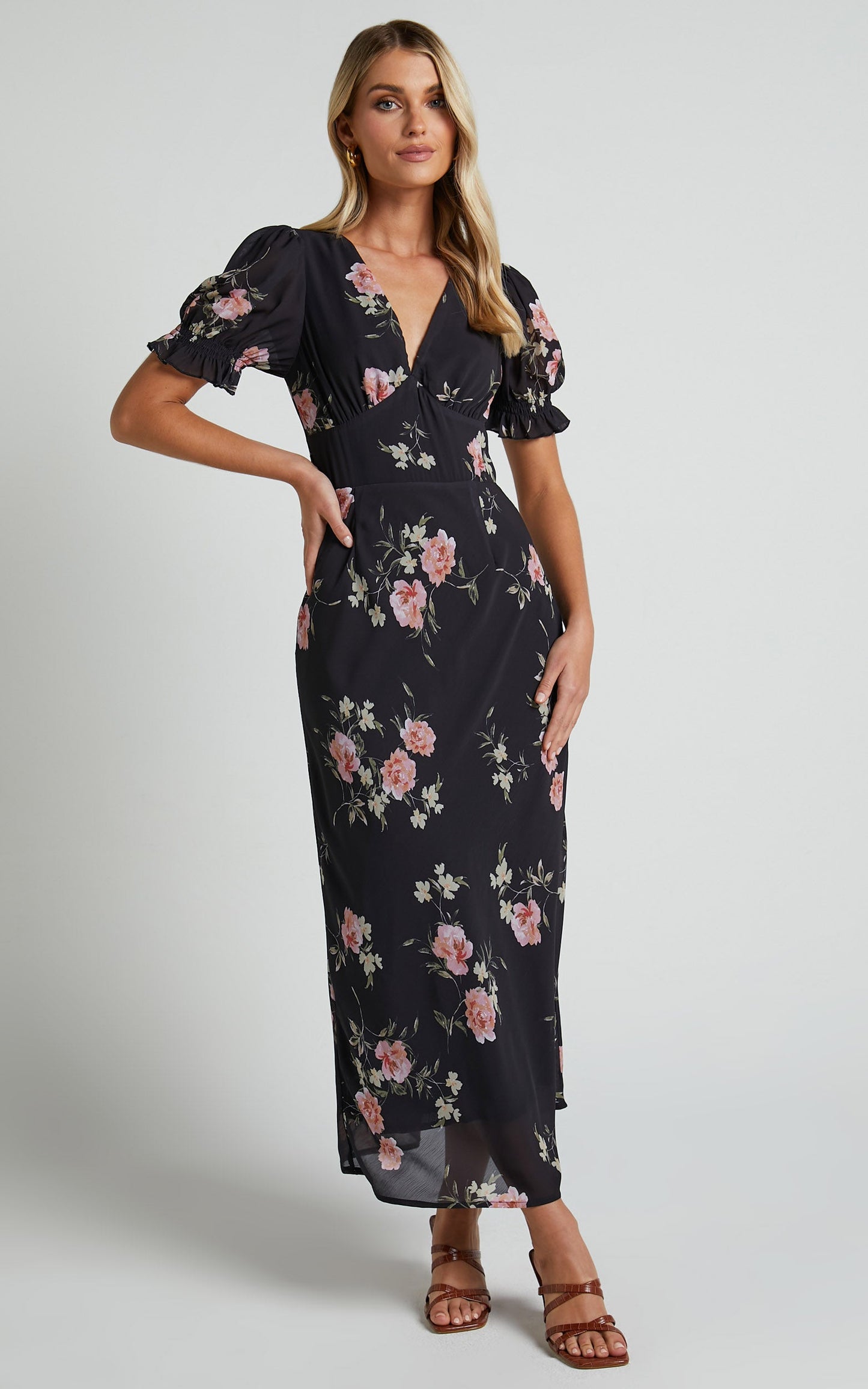 Adelais Midi Dress - Bias Cut Puff Sleeve Dress in Blushing Floral