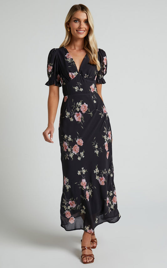 Adelais Midi Dress - Bias Cut Puff Sleeve Dress in Blushing Floral