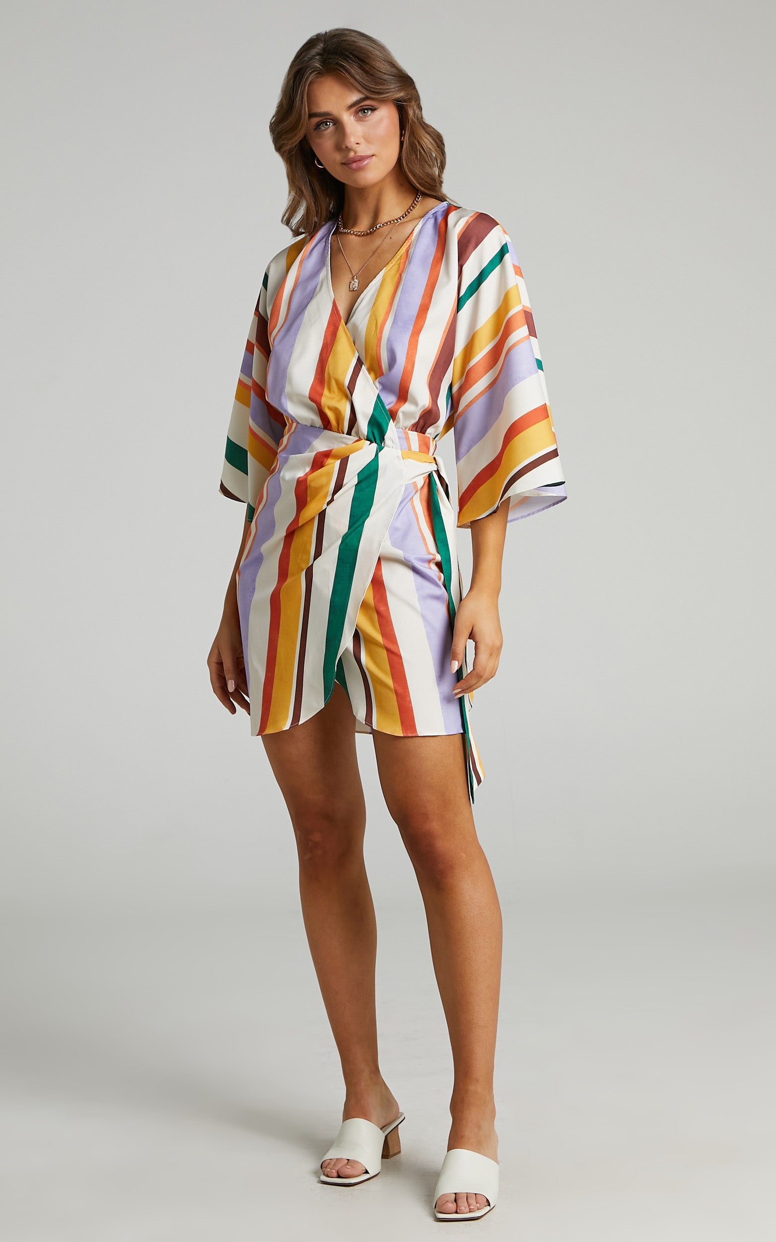 Adelina V Neck Wrap Dress in Multi Stripe