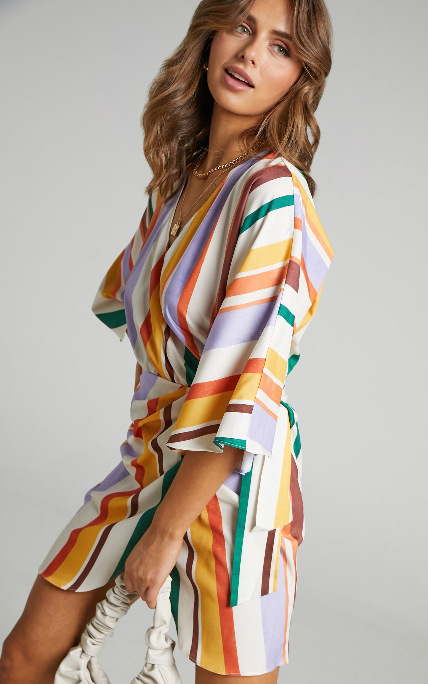 Adelina V Neck Wrap Dress in Multi Stripe
