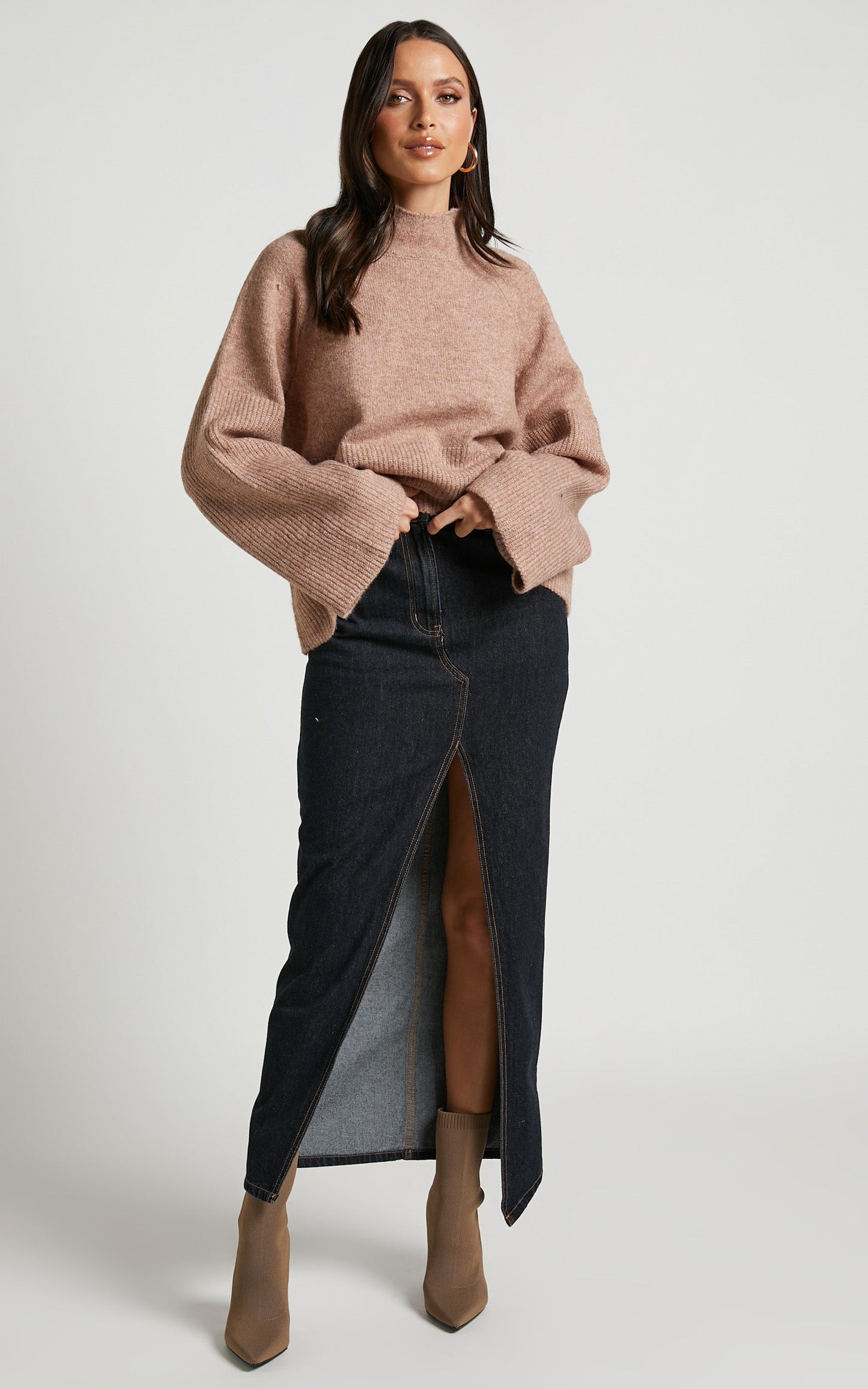 Adelita Jumper - Mock Neck Wide Sleeves Knit Jumper in Oat Marl