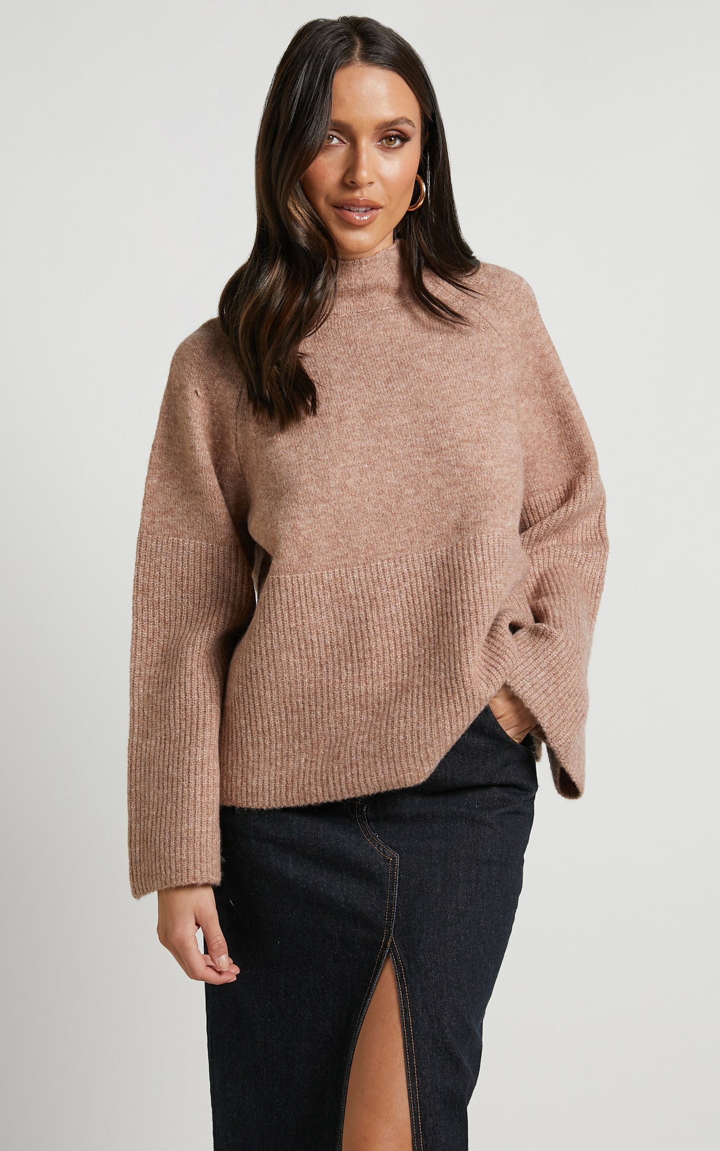 Adelita Jumper - Mock Neck Wide Sleeves Knit Jumper in Oat Marl