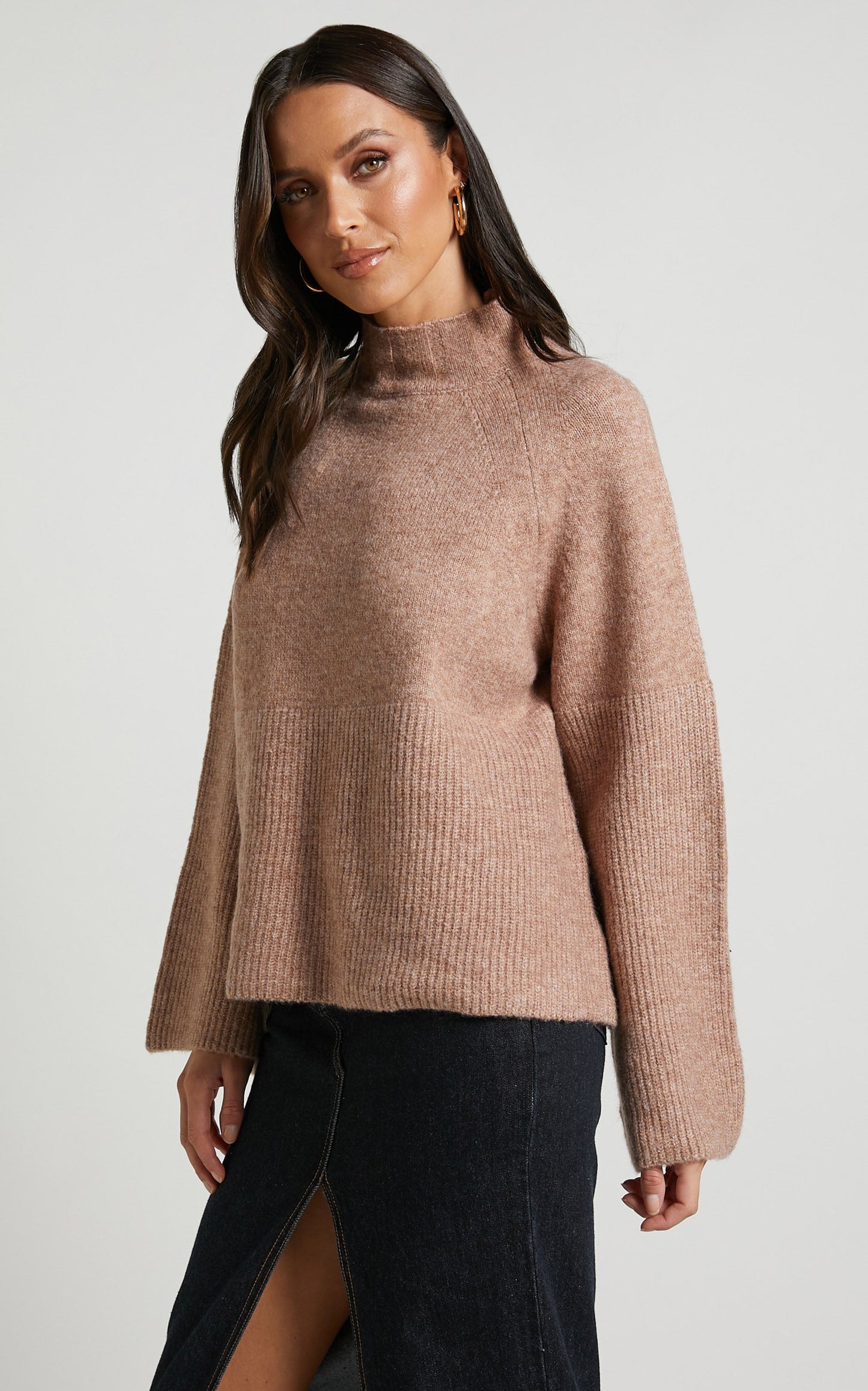 Adelita Jumper - Mock Neck Wide Sleeves Knit Jumper in Oat Marl