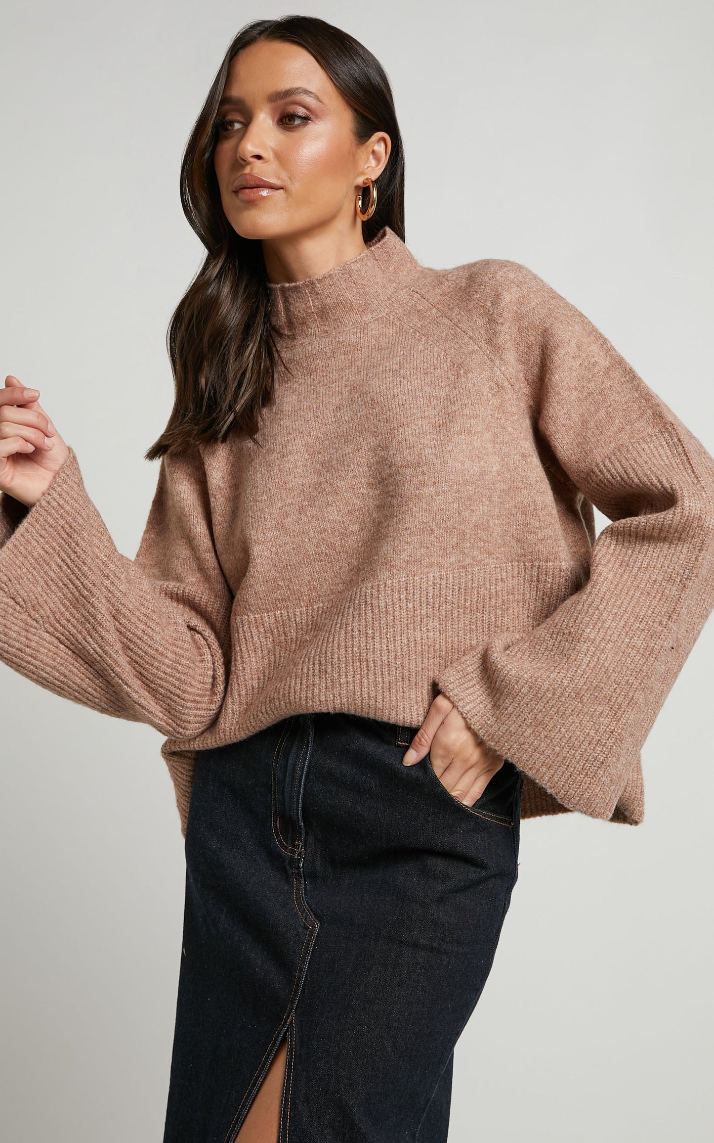 Adelita Jumper - Mock Neck Wide Sleeves Knit Jumper in Oat Marl