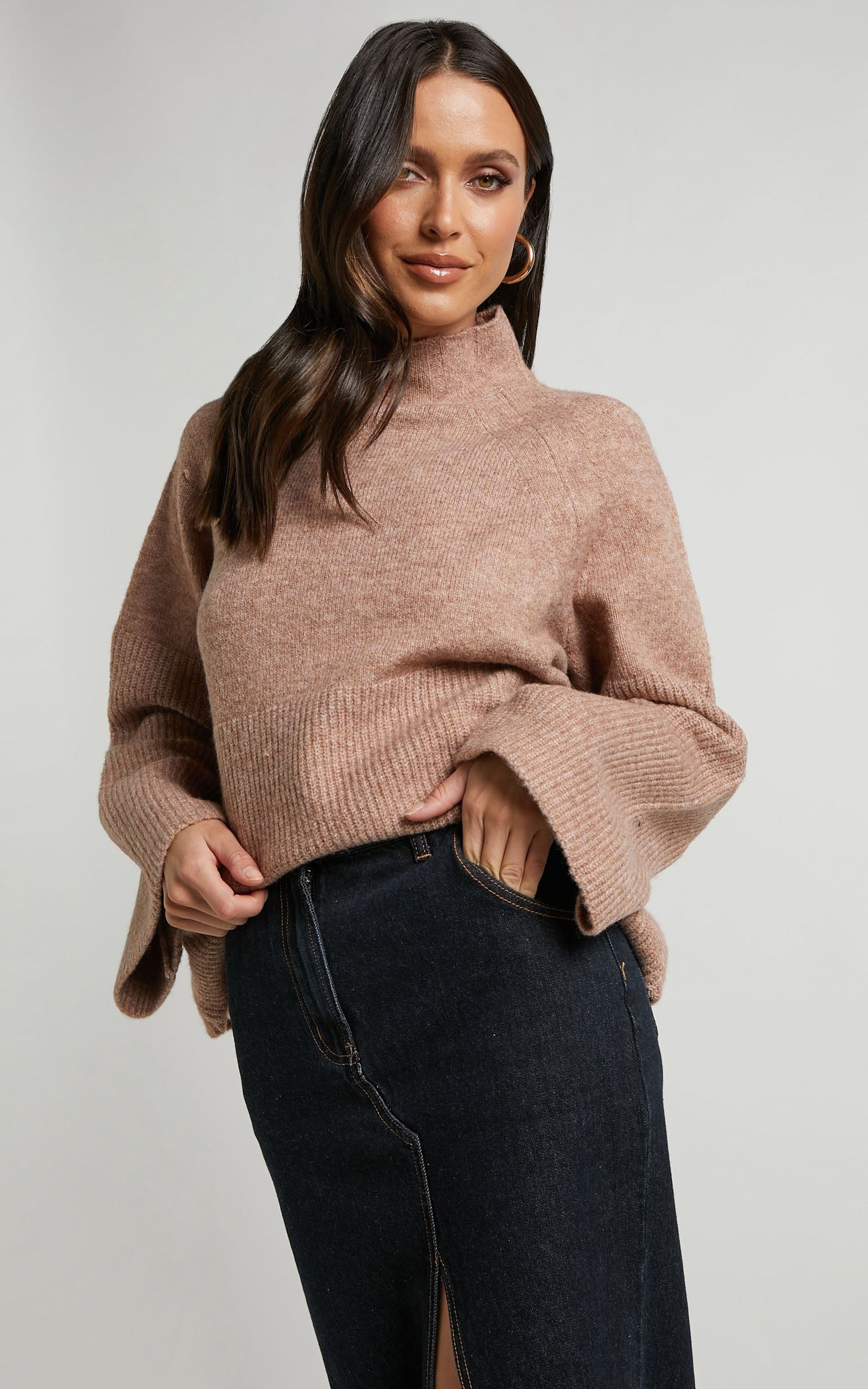 Adelita Jumper - Mock Neck Wide Sleeves Knit Jumper in Oat Marl