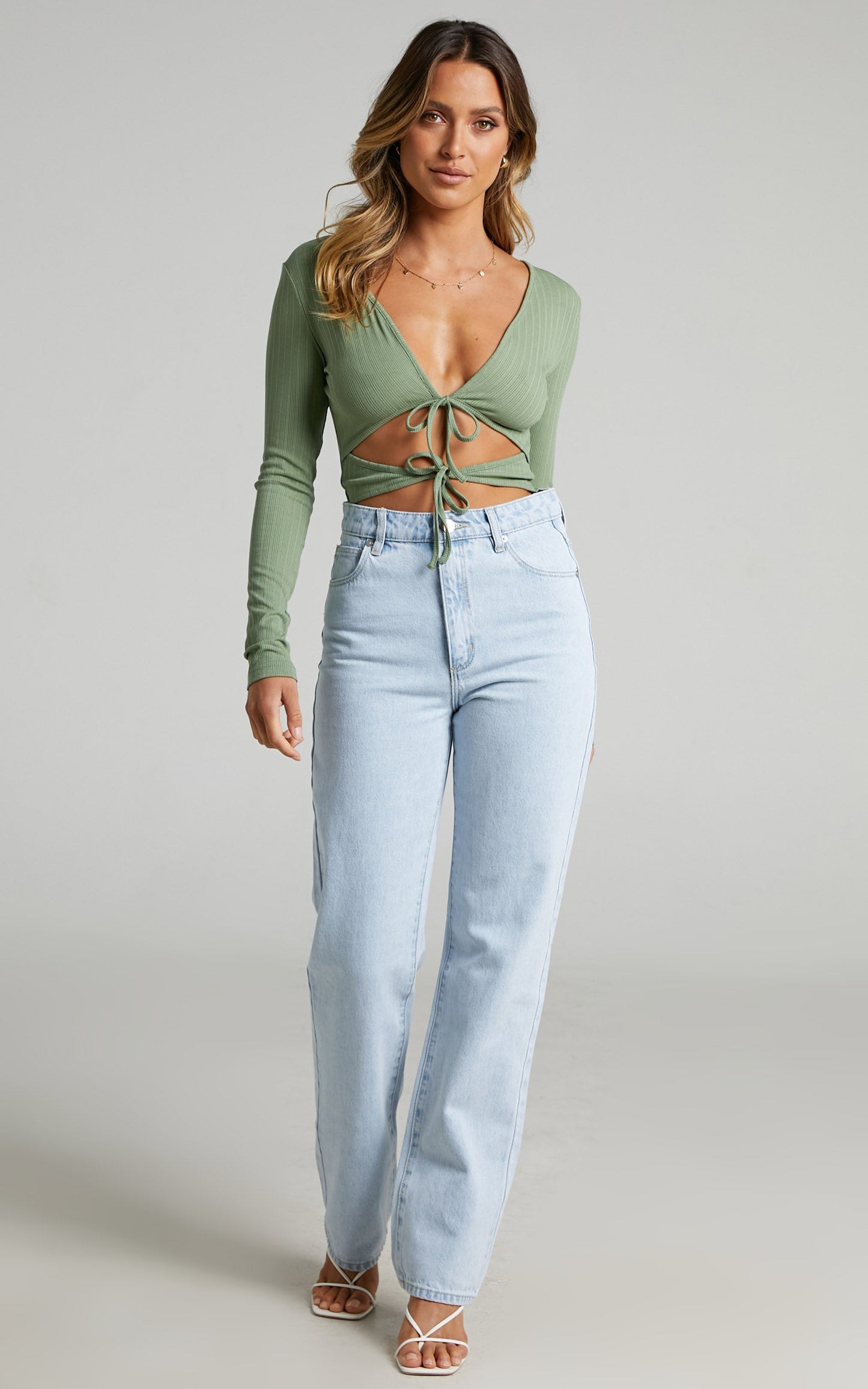 Adelphe Long Sleeve Tie Up Top in Khaki