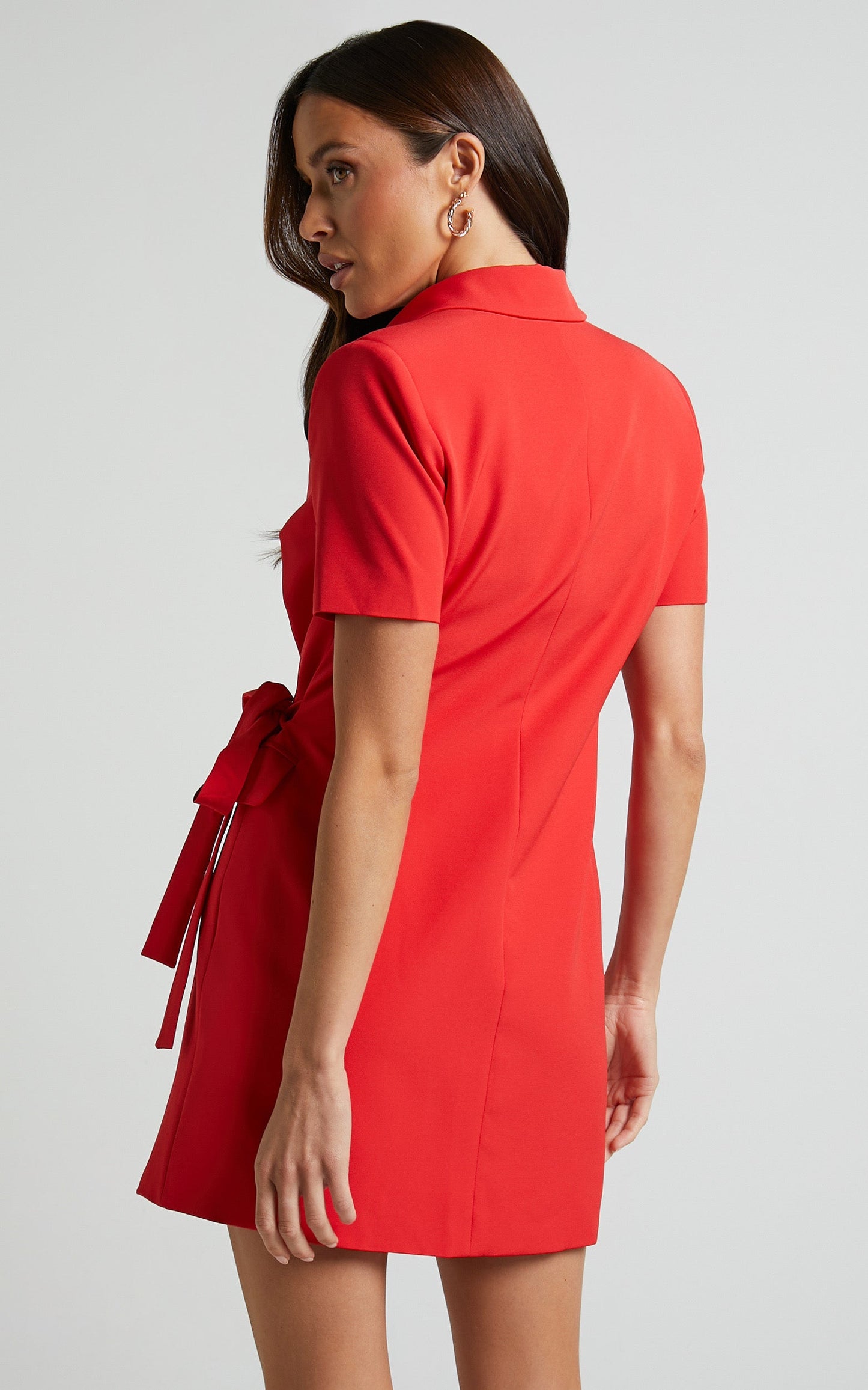 Adelyn Mini Dress - Short Sleeve Tie Waist Blazer Dress in Red