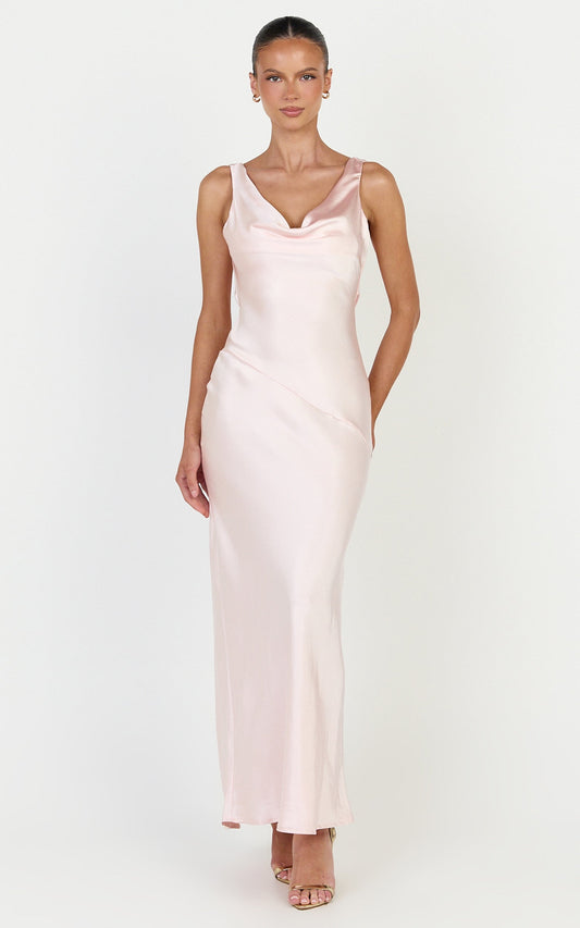 Adilah Maxi Dress - Cowl Neck Satin Dress in Light Pink