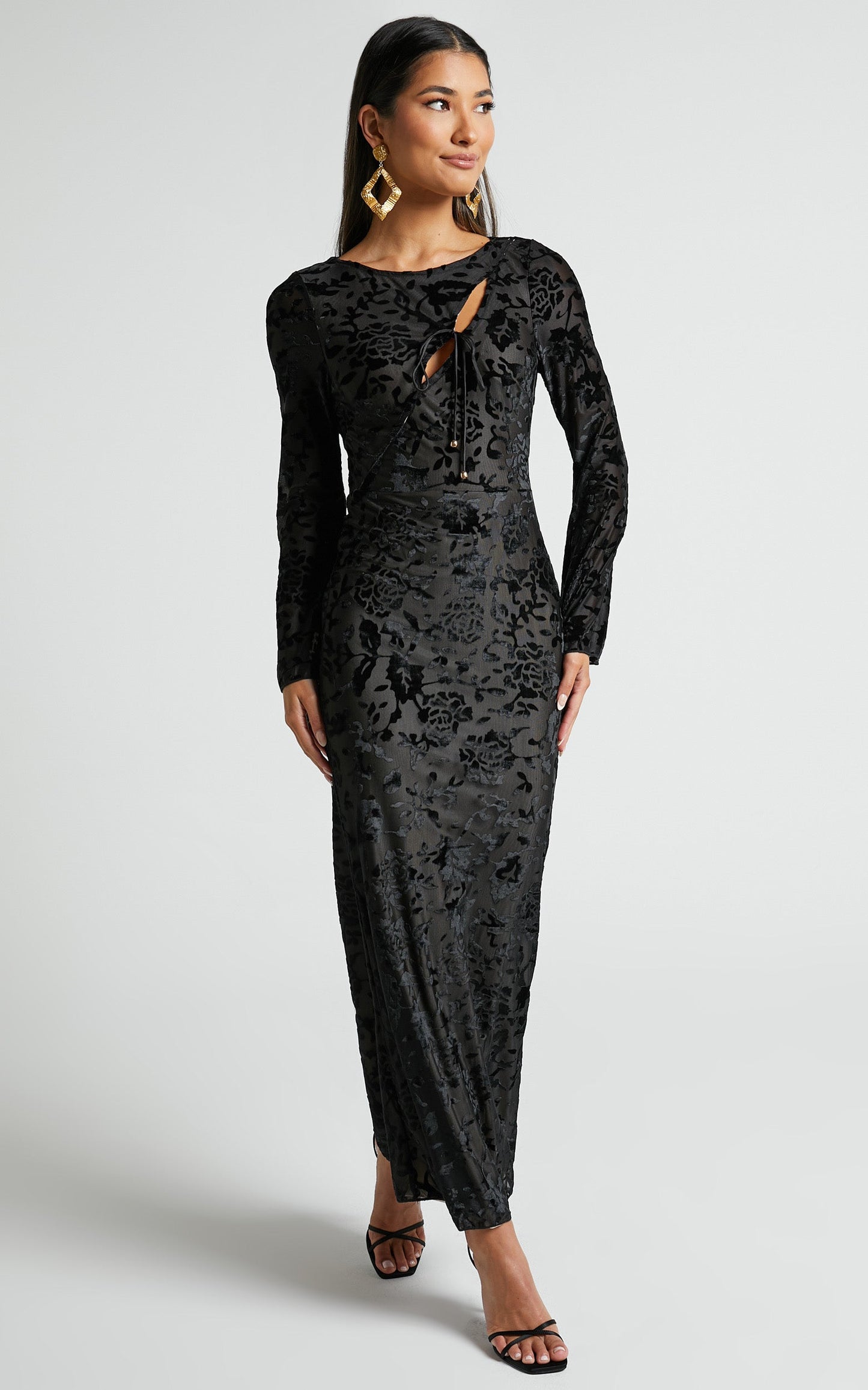 Adina Midi Dress - Long Sleeve Bodycon Bust Side Cut Out Dress in Black