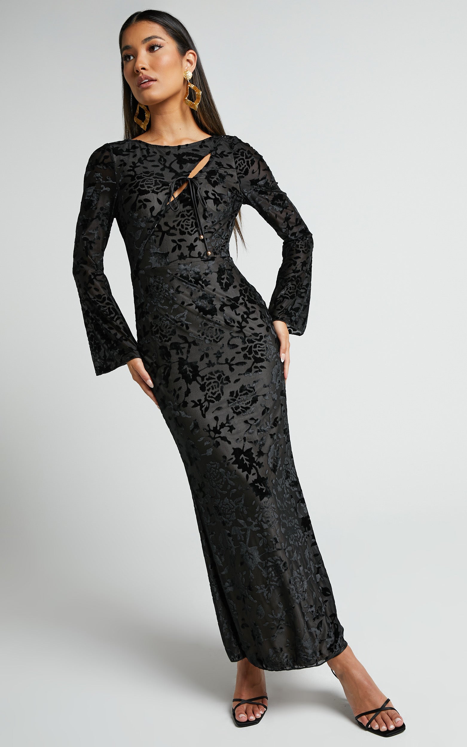 Adina Midi Dress - Long Sleeve Bodycon Bust Side Cut Out Dress in Black