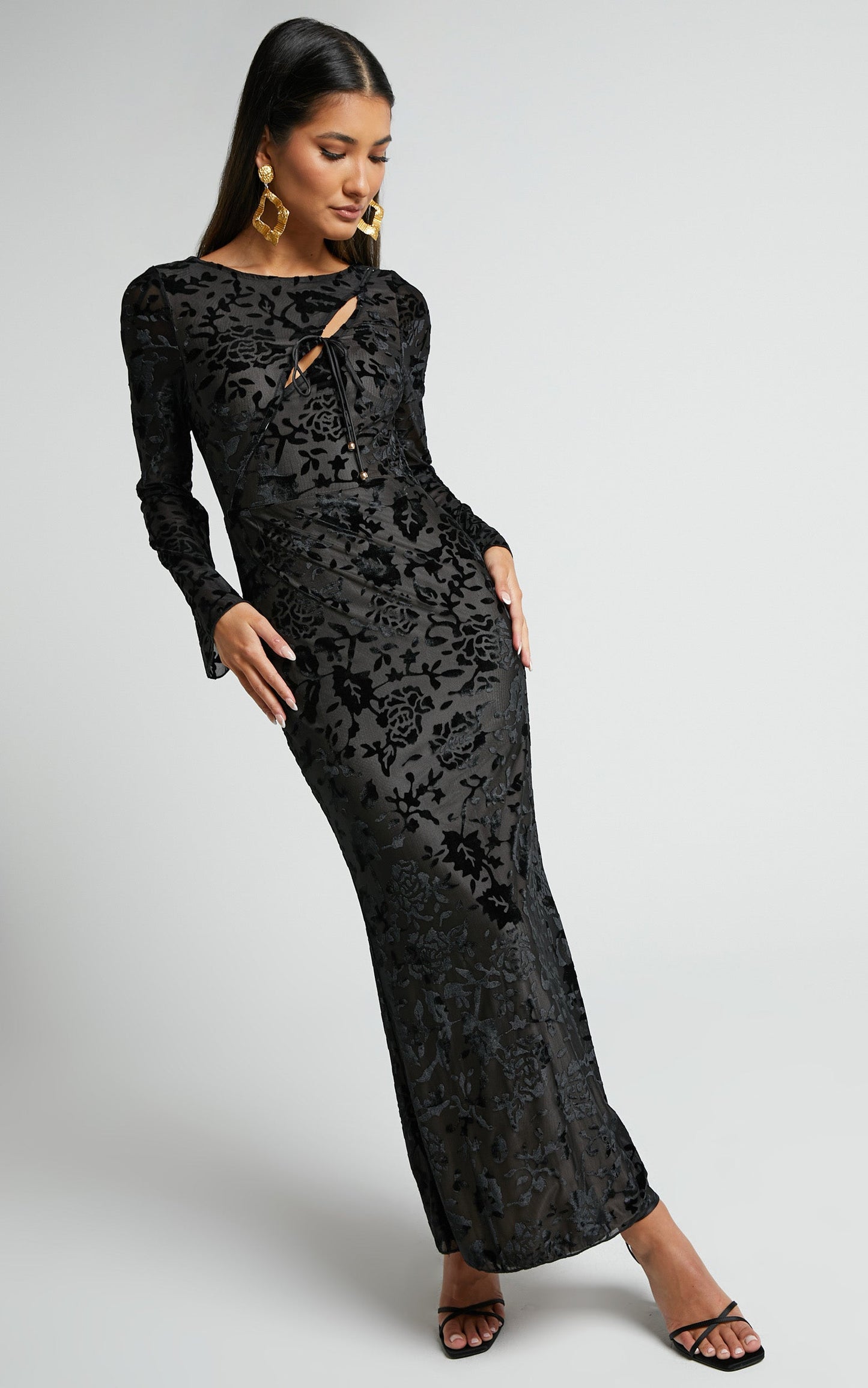 Adina Midi Dress - Long Sleeve Bodycon Bust Side Cut Out Dress in Black