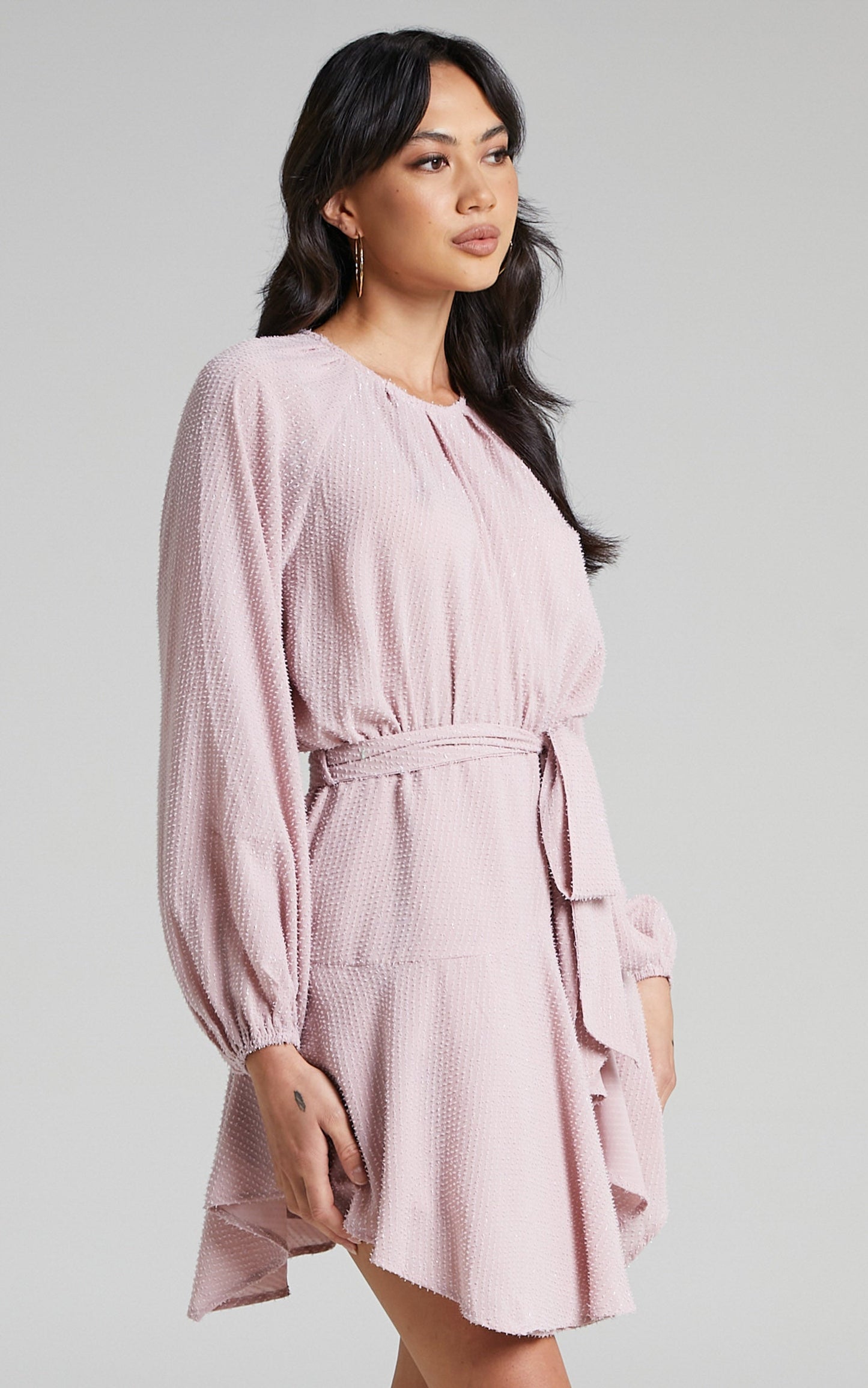 Adleigh Asymmetric Hem Long Sleeve Mini Dress in Pink