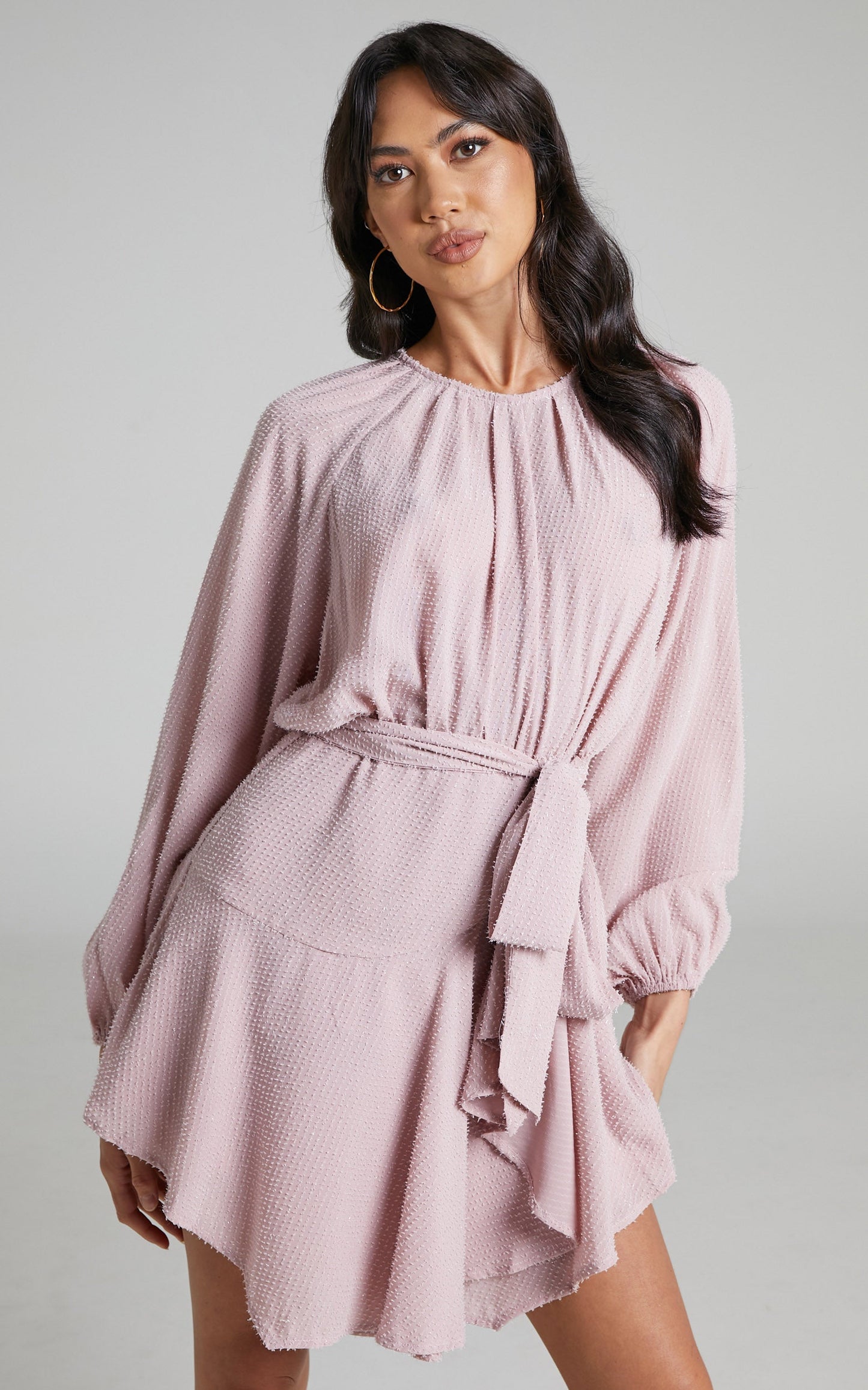 Adleigh Asymmetric Hem Long Sleeve Mini Dress in Pink