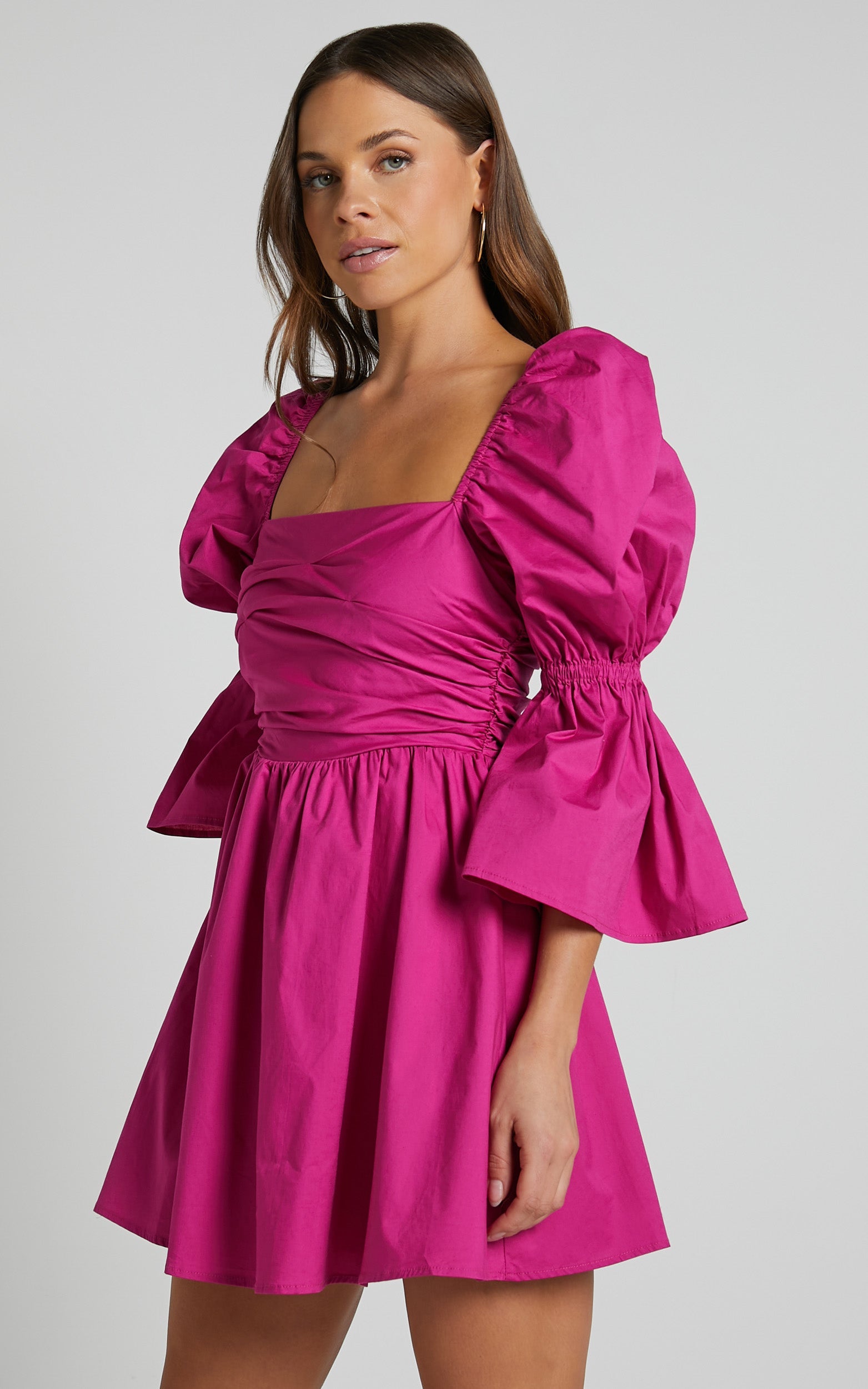 Adria Mini Dress - Long Puff Sleeve Square Neck Dress in Berry