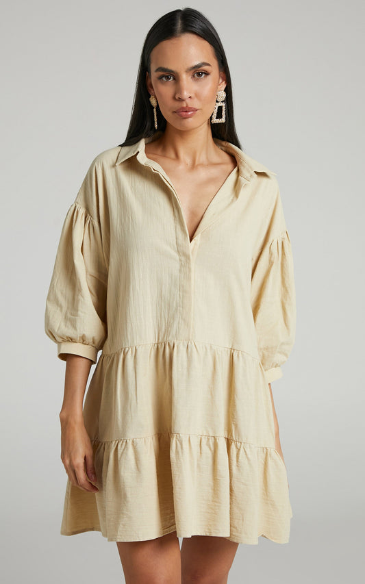 Adriana Mini Dress - Collared Tiered Dress in Beige