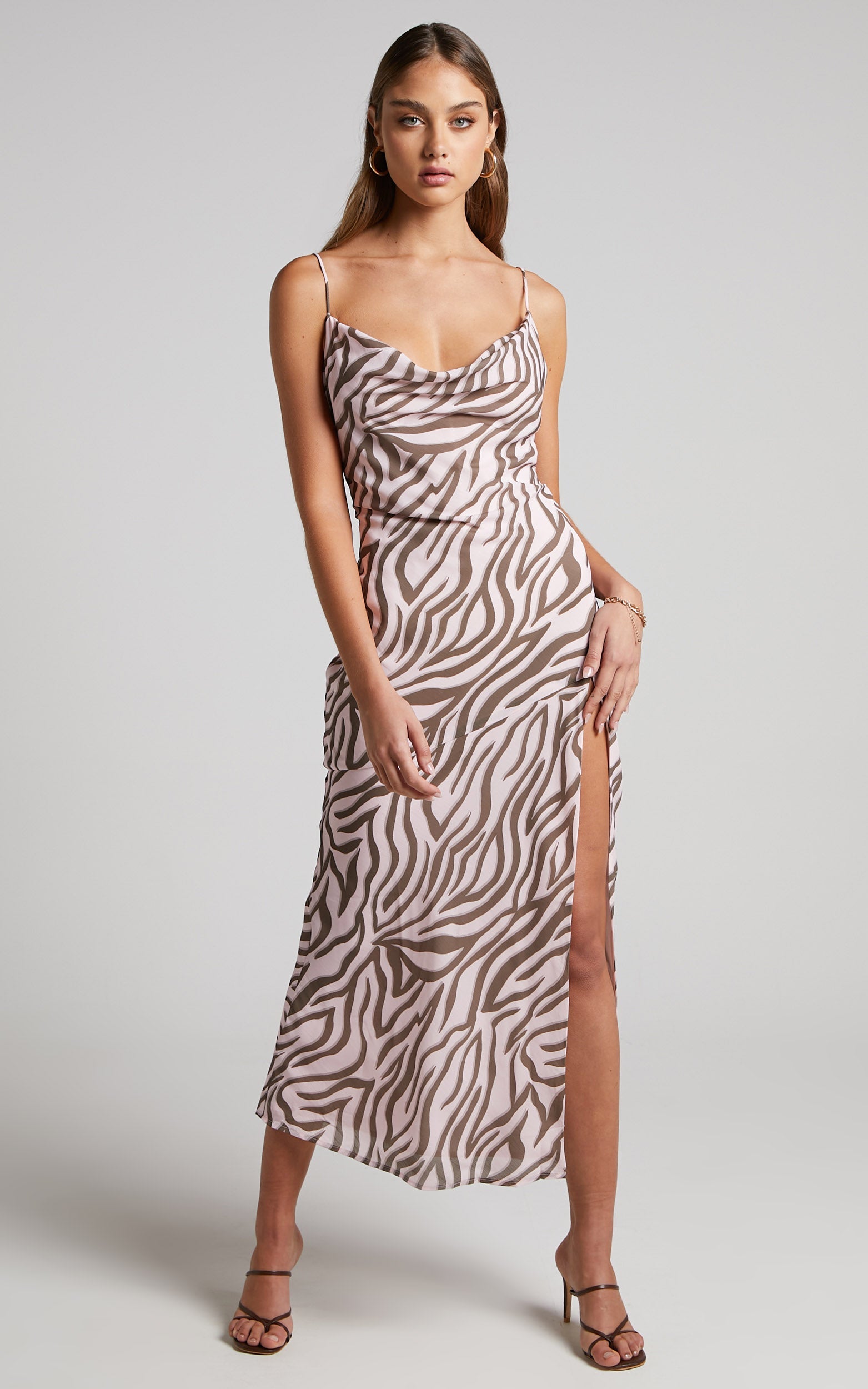 Aegir Midi Dress - High Split Cowl Slip Dress in Wild Zebra