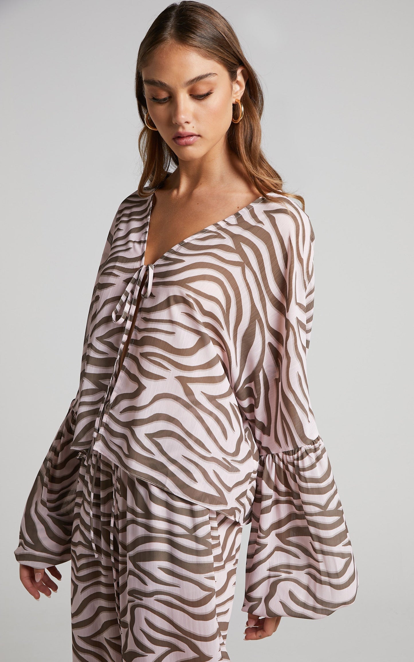 Aegir Blouse - Tie Front Drop Sleeve Blouse in Wild Zebra