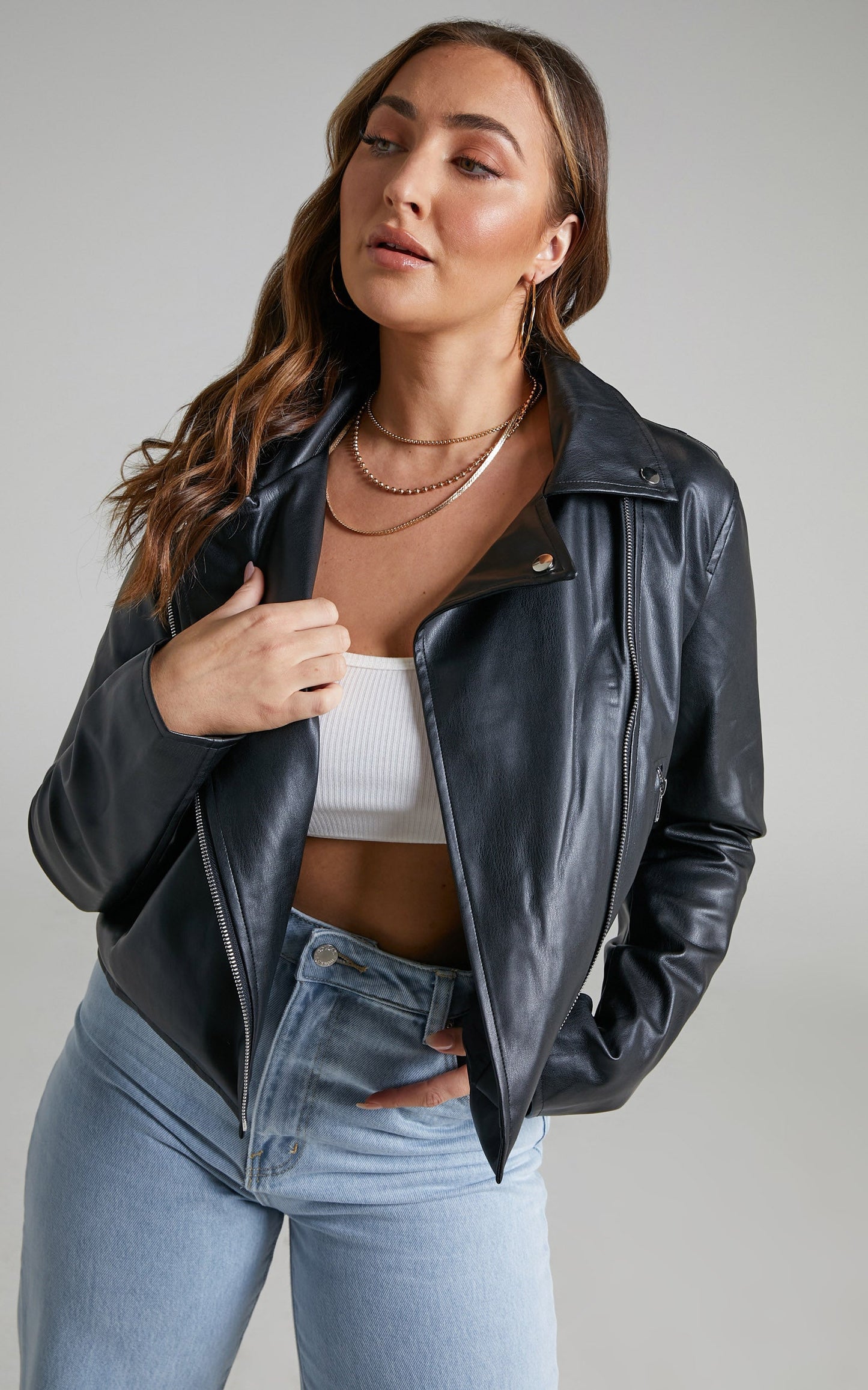 Agnella Jacket - Cropped Faux Leather Biker Jacket in Black