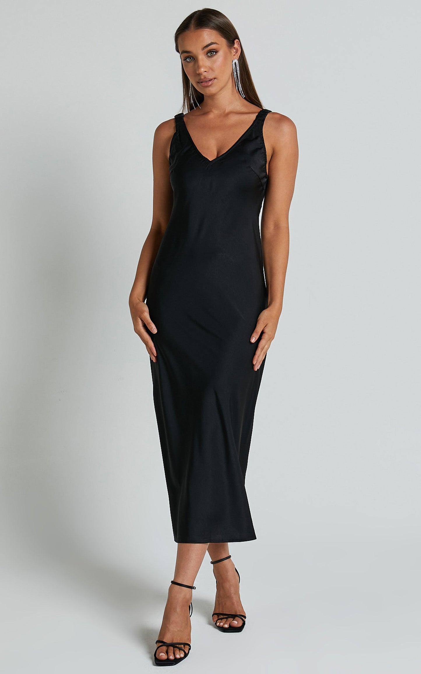 Agnia Midi Dress - Plunge Neck Elasticated Back Strap Detail Satin Slip Dress in Black