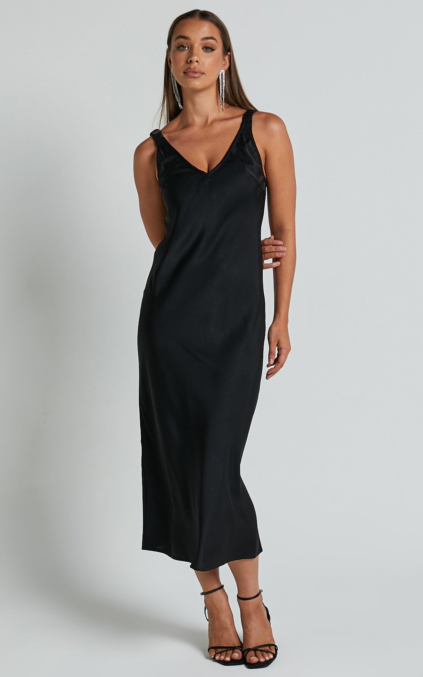 Agnia Midi Dress - Plunge Neck Elasticated Back Strap Detail Satin Slip Dress in Black