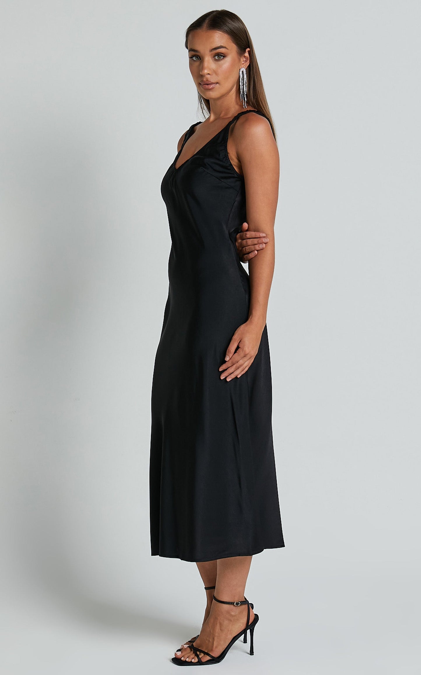 Agnia Midi Dress - Plunge Neck Elasticated Back Strap Detail Satin Slip Dress in Black