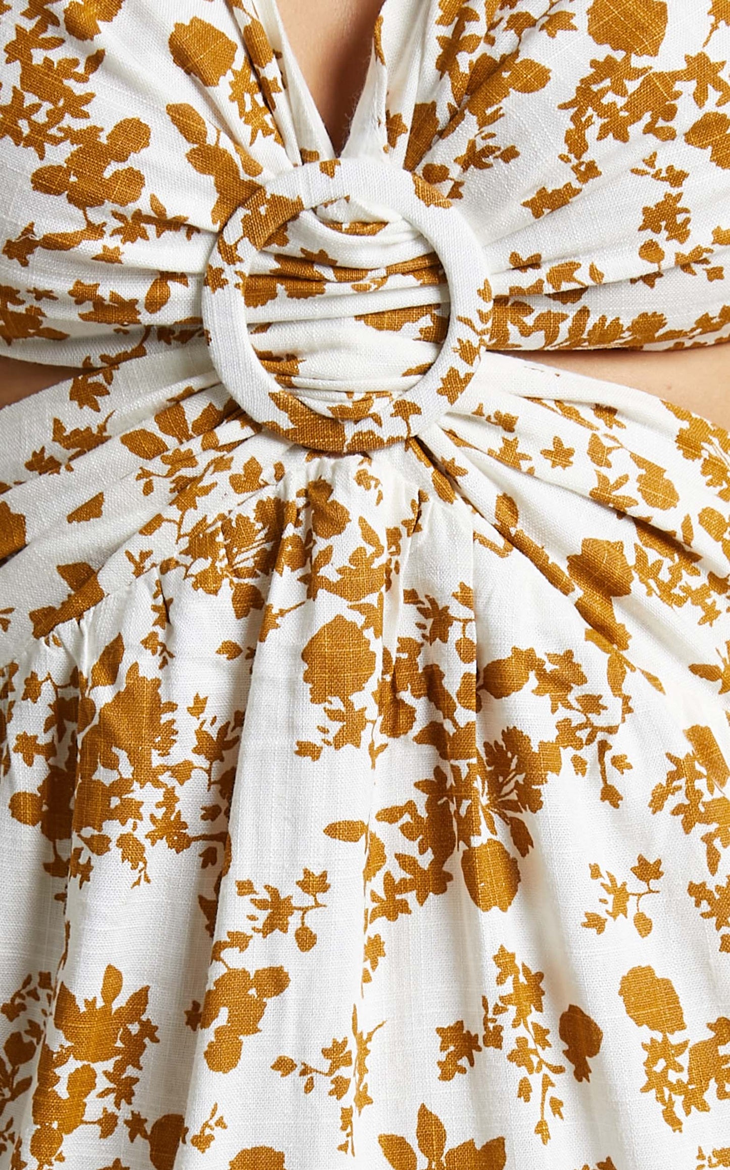 Agonda Ring Front Mini Linen Blend Dress in Mustard Floral