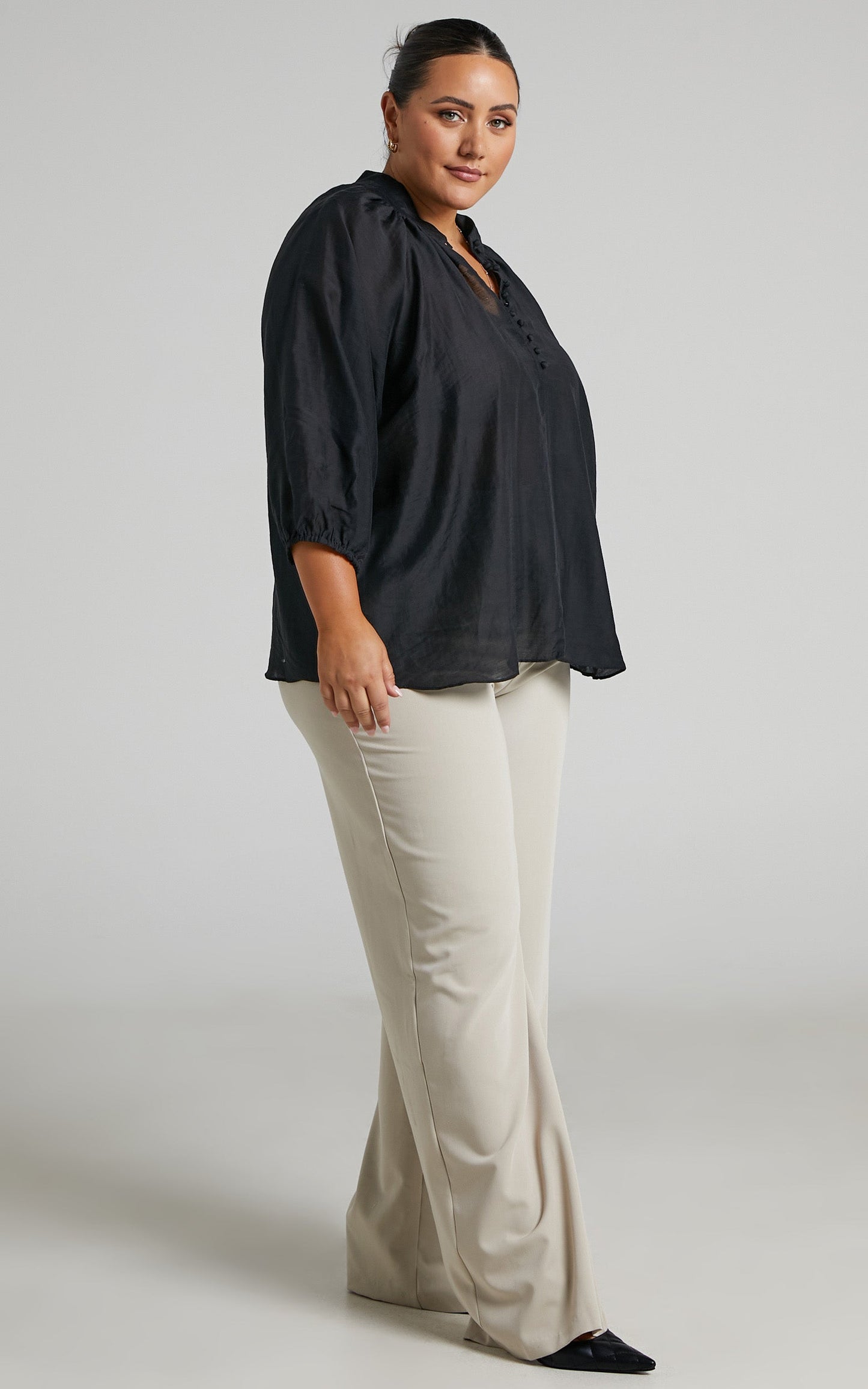 Aida Blouse - Linen Look High Neck Button Blouse in Black