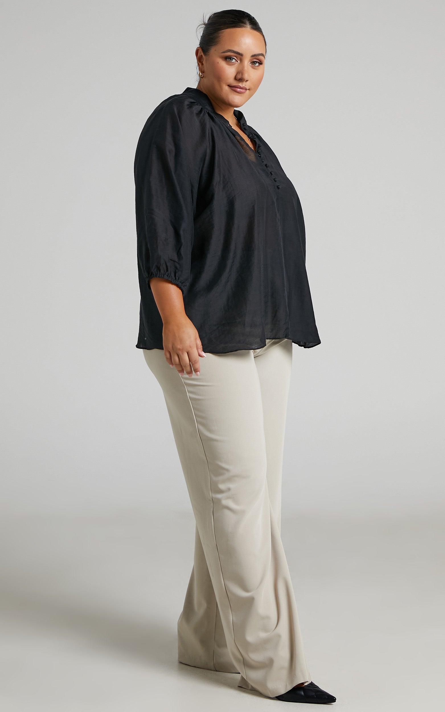 Aida Blouse - Linen Look High Neck Button Blouse in Black