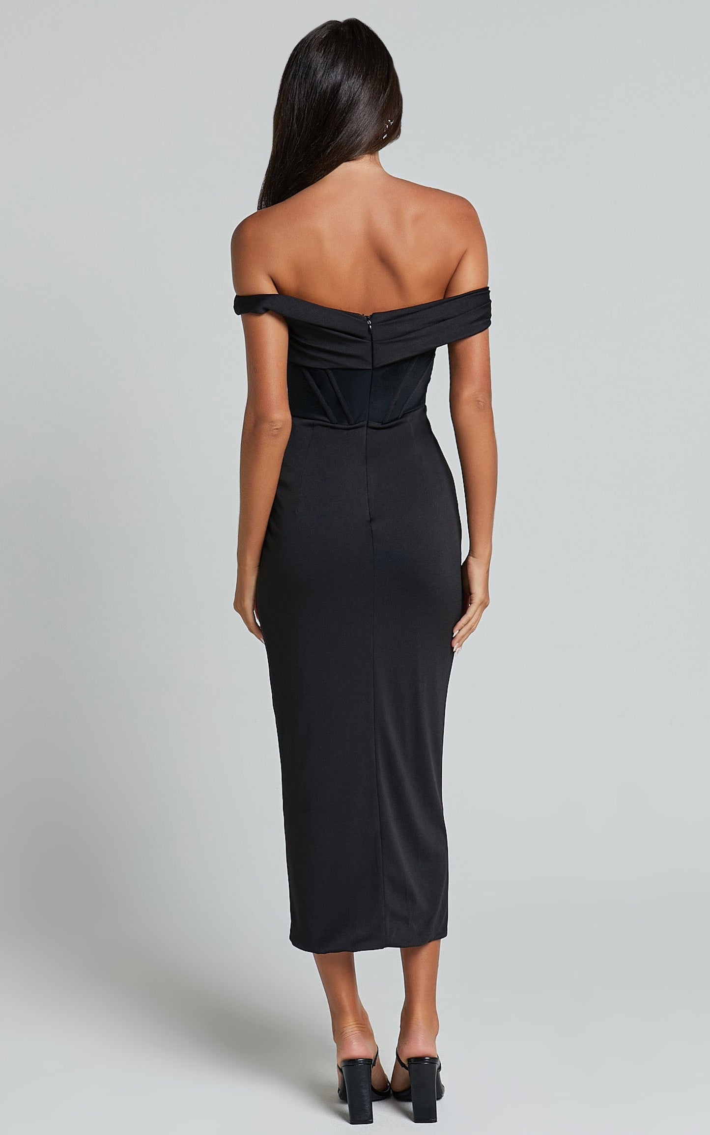 Aidia Midi Dress - Off Shoulder Draped Corset Dress in Black
