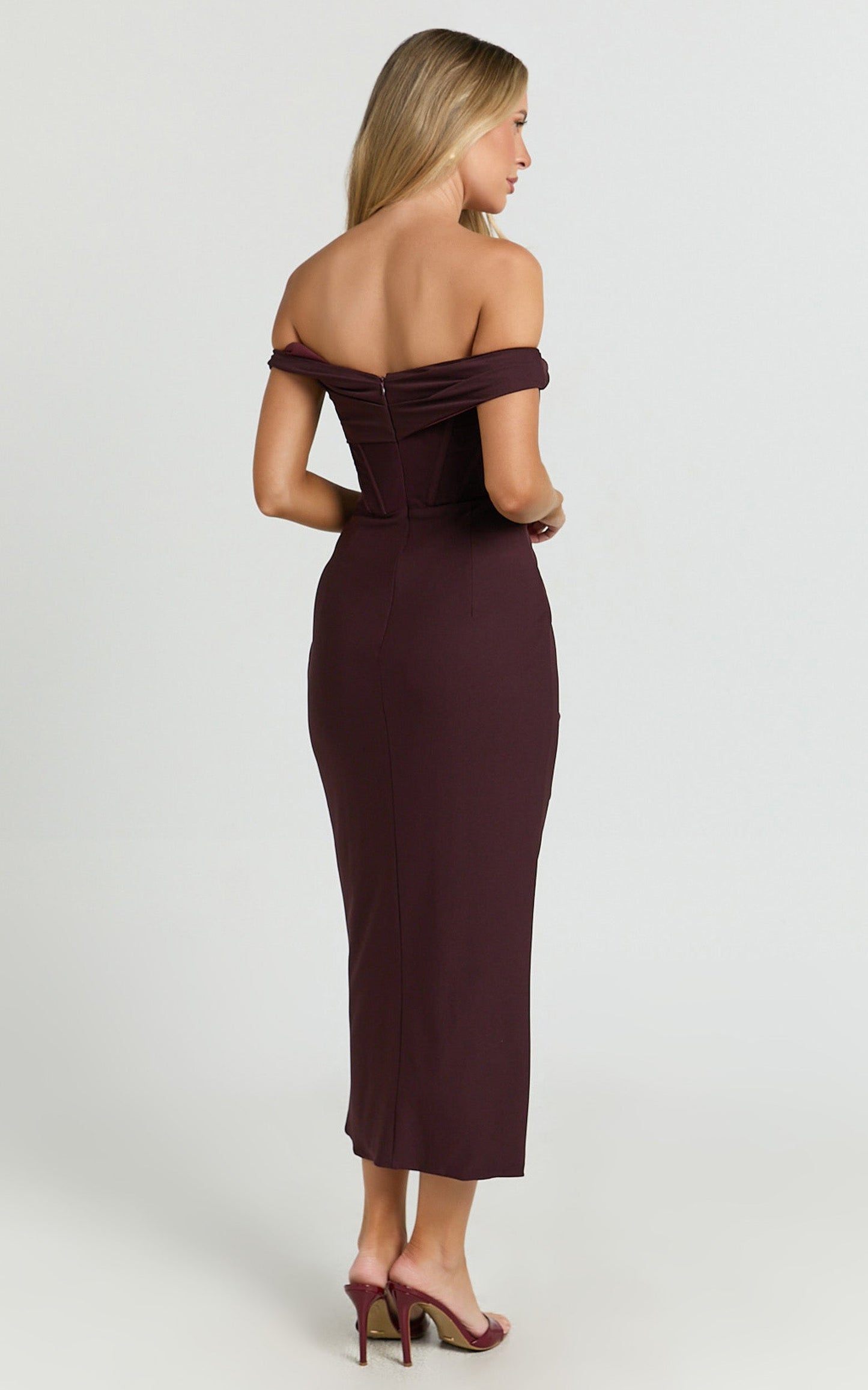 Aidia Midi Dress - Off Shoulder Draped Corset Dress in Burgundy