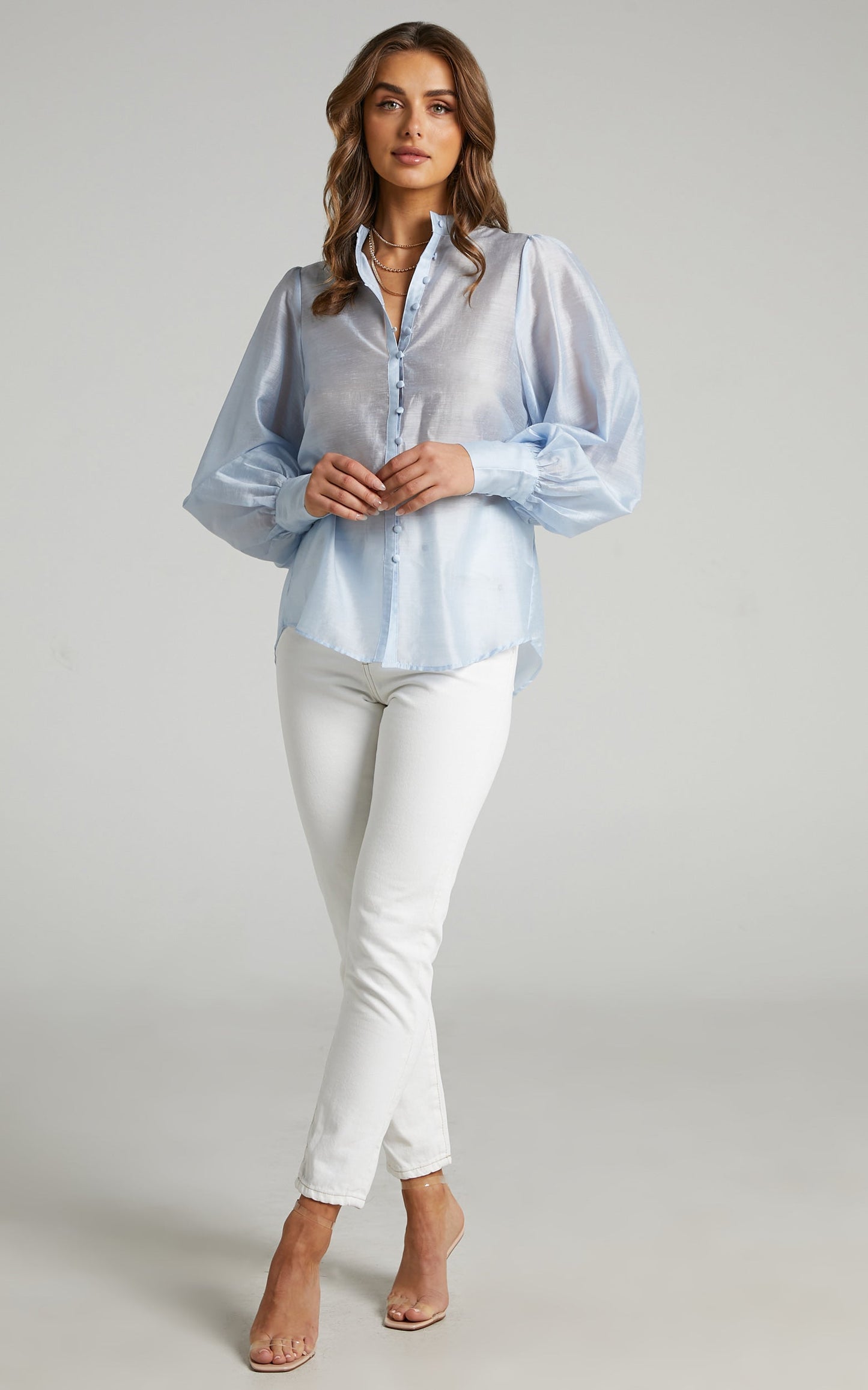 Ailani Top - Linen Look Long Sleeve Button Through Shirt in Light Blue