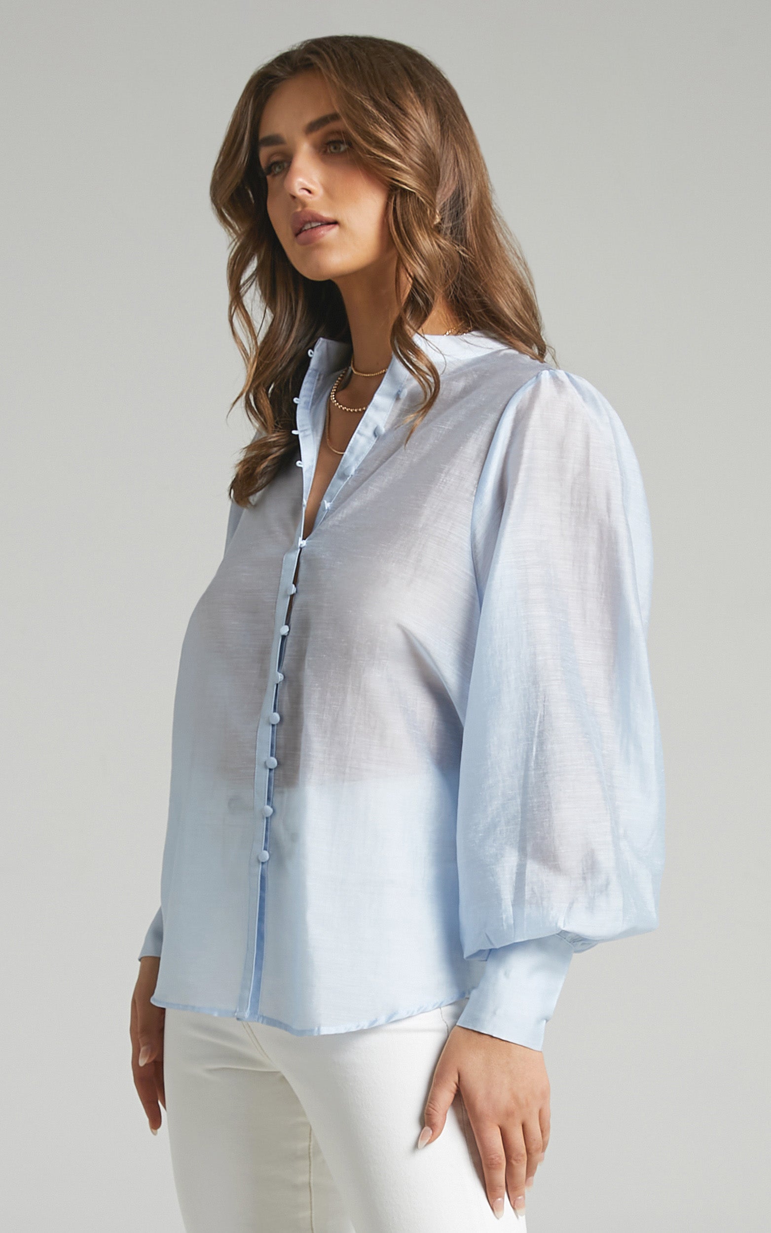 Ailani Top - Linen Look Long Sleeve Button Through Shirt in Light Blue