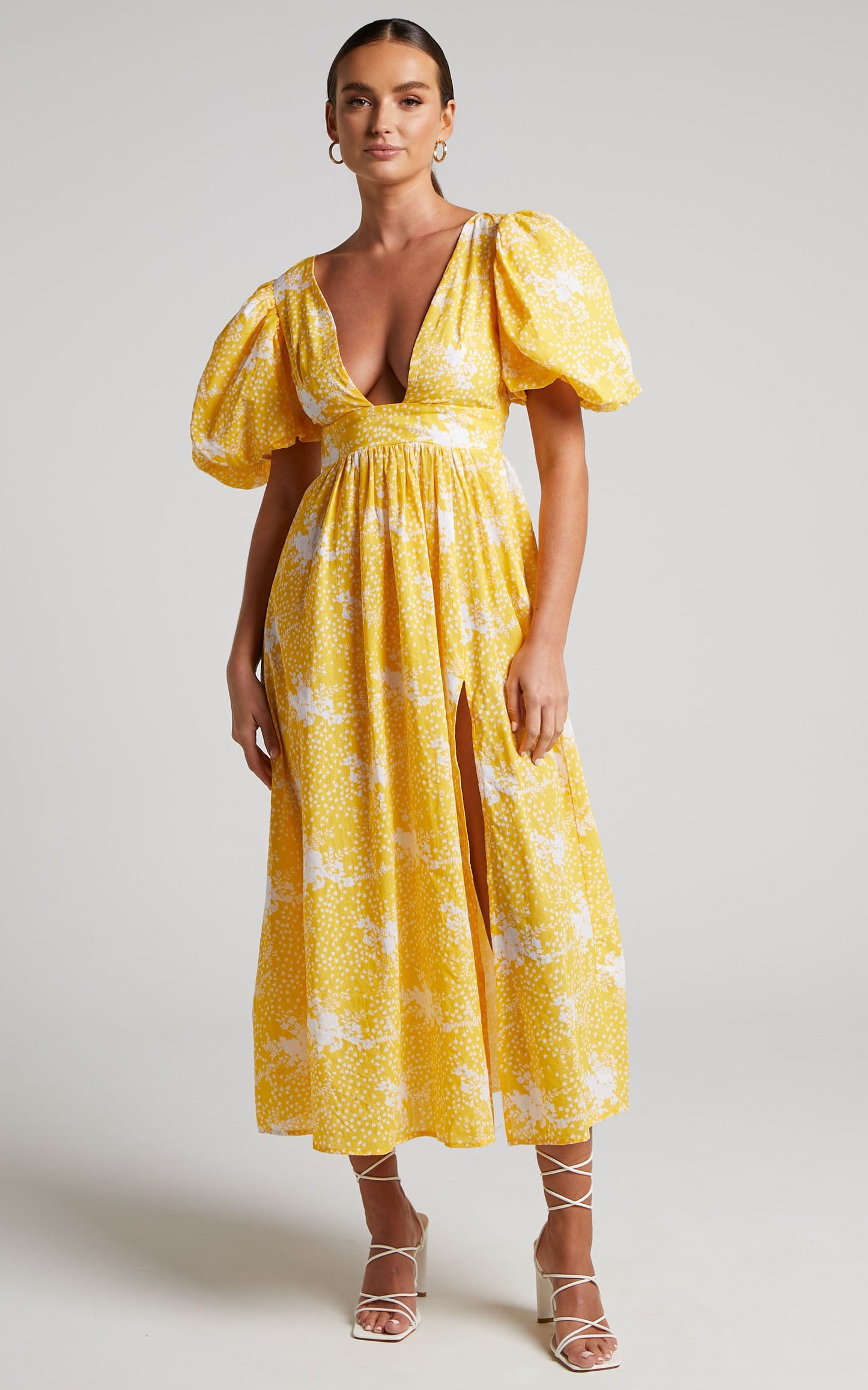 Ailiza Midi Dress - Puff Sleeve Open Back Dress in Yellow Floral